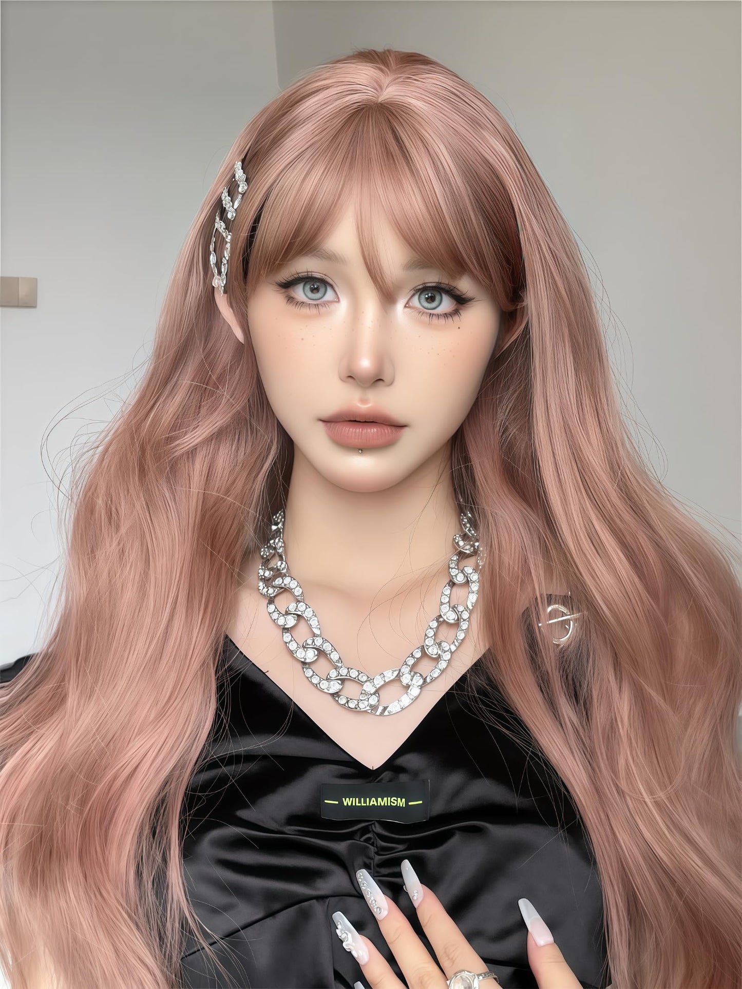 Aadesso Peach Pink Long Straight Wig 65cm Blunt Bangs Daily Synthetic Hair for Women East Asian Fashion K-pop Style Sweet Fresh Heat Resistant wig cap (25.6 Inch)