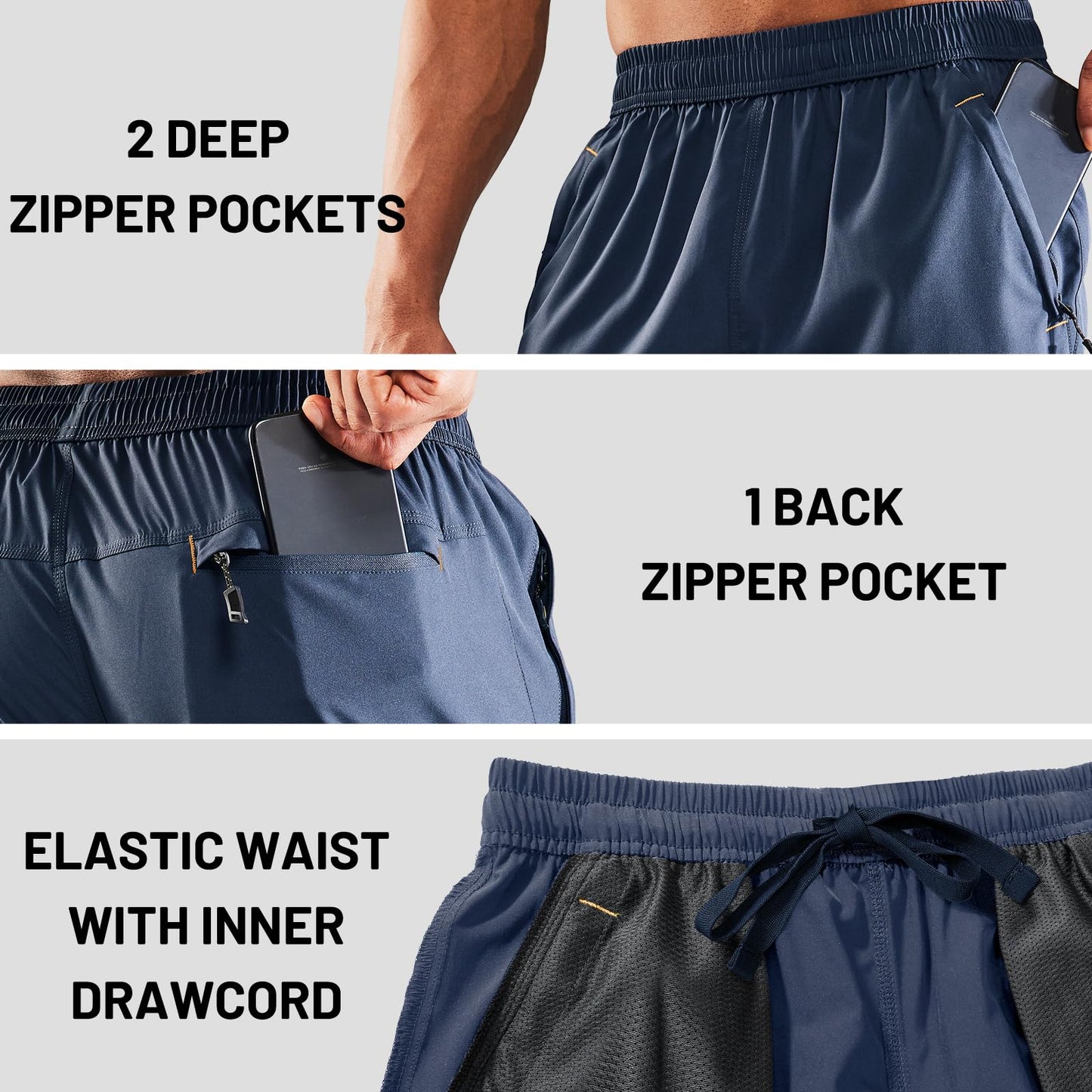 MIER Men's Athletic Shorts Dry Fit Workout 7" Lightweight Sports Gym Running Shorts Basketball Training with Zipper Pockets, Deep Blue, Medium