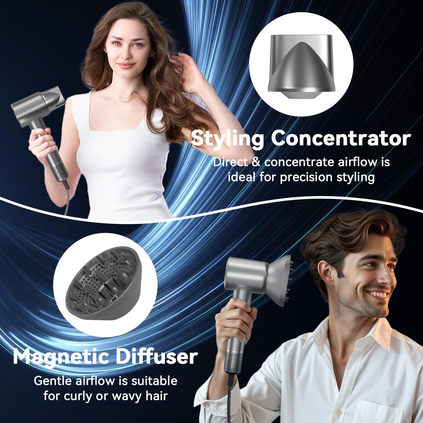 High Speed Hair Blow Dryer｜Professional Salon Grade Air Speed, Negative Ion Hair Care｜Quiet Design｜Suitable for Thick Hair/Styling with Nozzle & Diffuser, Long Motor Lifespan