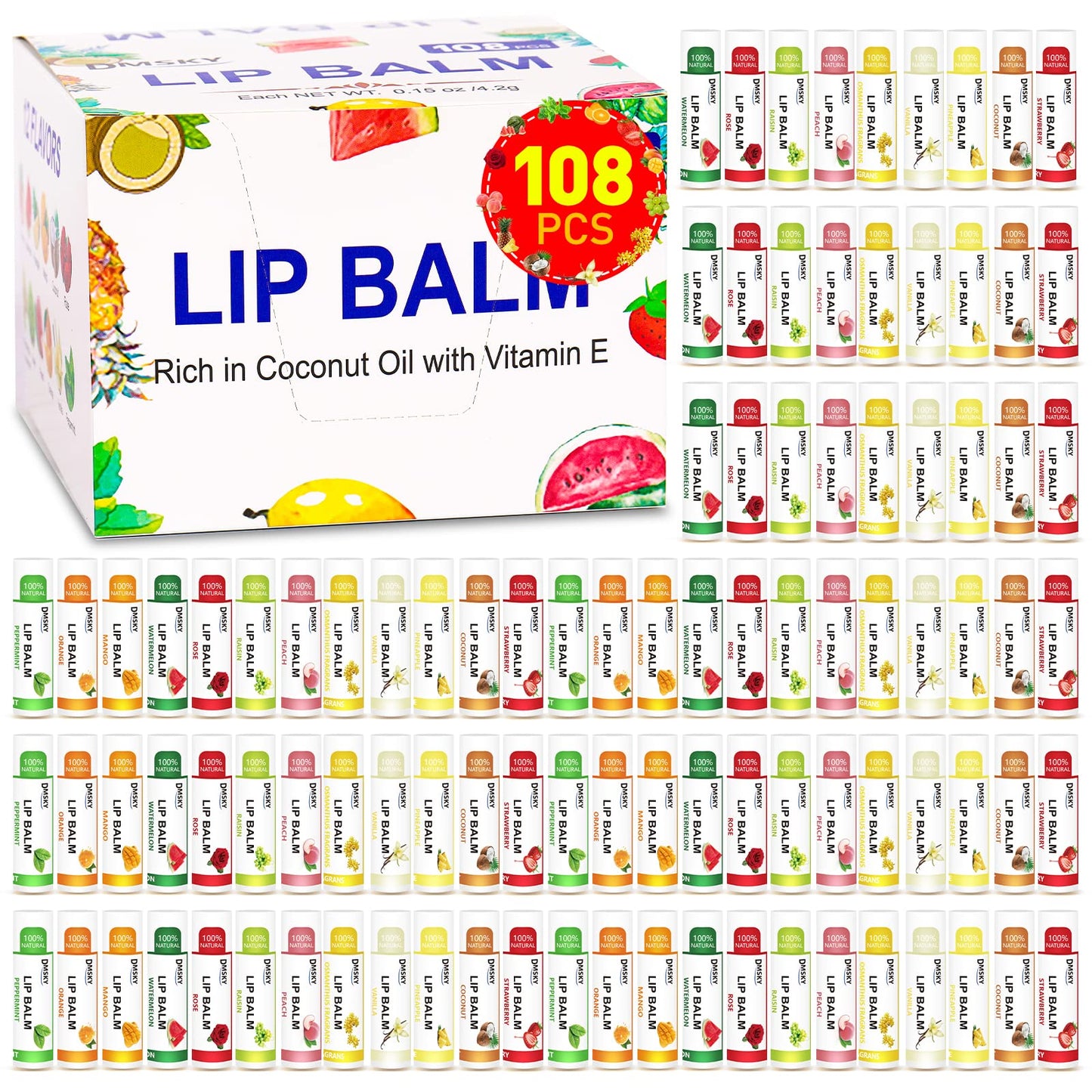 DMSKY Lip Balm 108 Pack, Natural Lip Balm Bulk with Vitamin E and Coconut Oil, Moisturizing Lip Care for Dry Chapped Lips, Mothers Day Gifts and Teacher Appreciation Gifts
