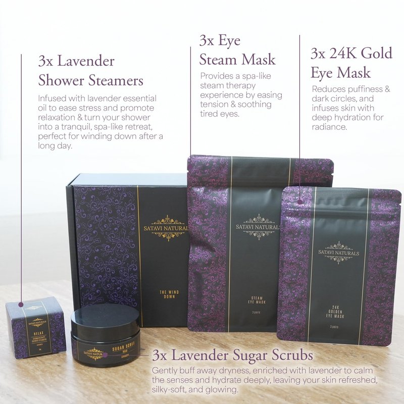 Spa Gift Set for Women – Lavender Aromatherapy Shower Steamers, Sugar Scrub, 24K Gold Eye Masks & Steam Eye Mask | Self Care & Relaxation Gift Box for Stress Relief at Home