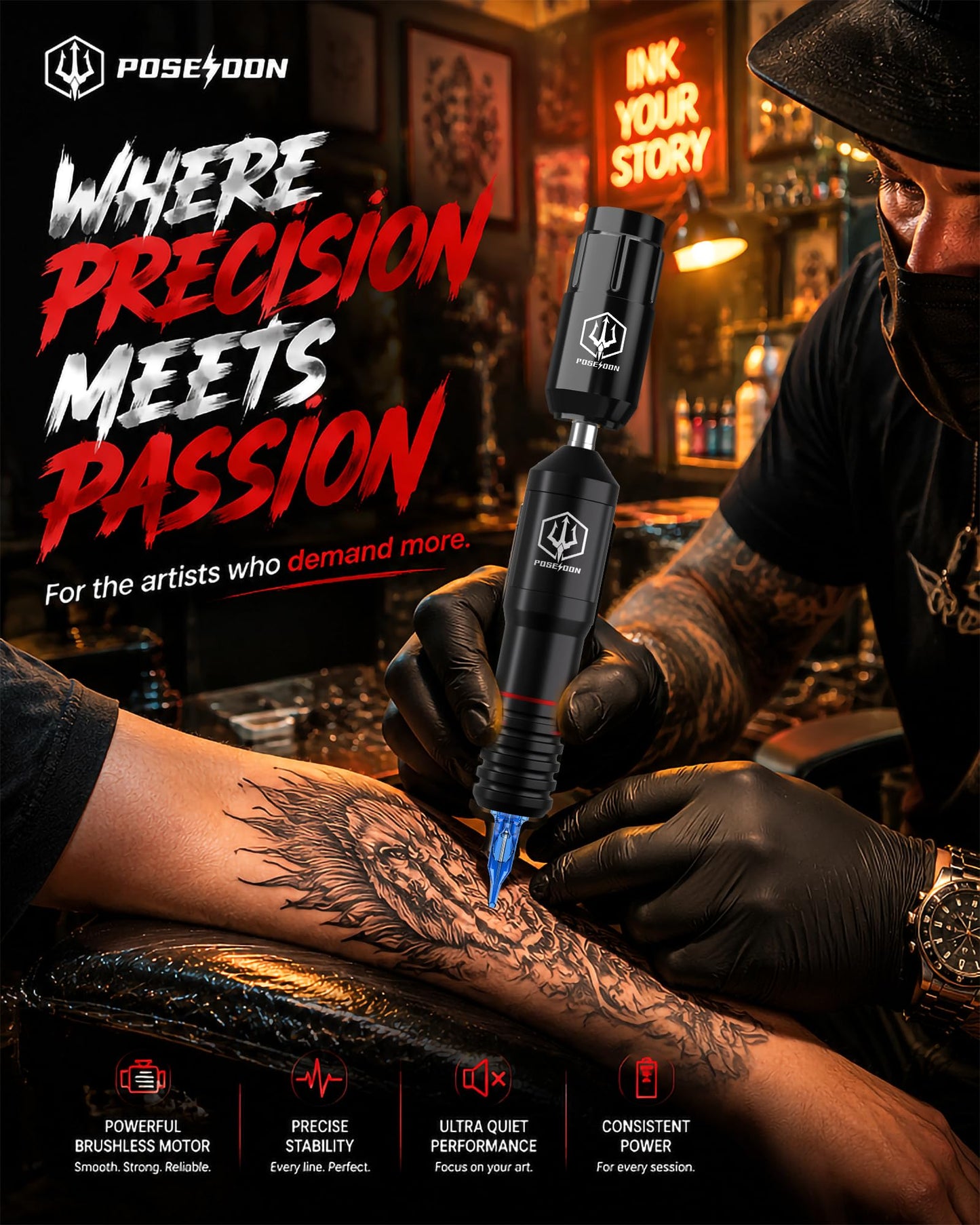 Tattoo Pen Kit - POSEIDON Wireless Tattoo Machine Kit, Tattoo Gun Kit with Tattoo Power Supply and 40 Pcs Tattoo Cartridge Needles, Complete Tattoo Kit Supplies for Beginners(PTK018)