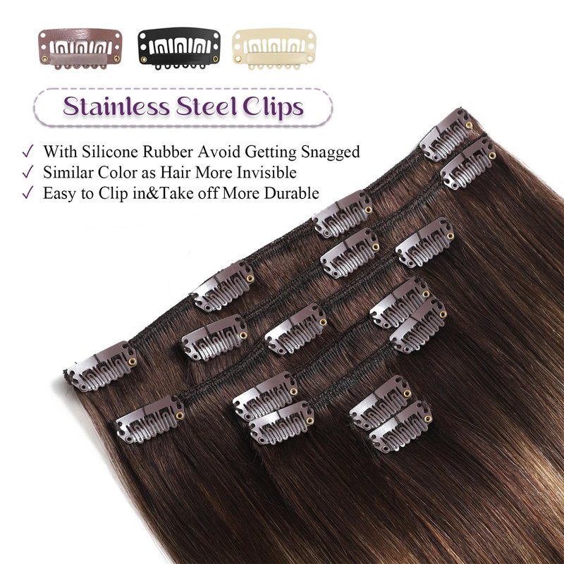 Clip in Hair Extensions Real Human Hair, Remy Human Hair Clip in Extensions for Women, 14 Inch 7Pcs 85g, Balayage Chocolate Brown to Caramel Blonde, Natural Straight Hair