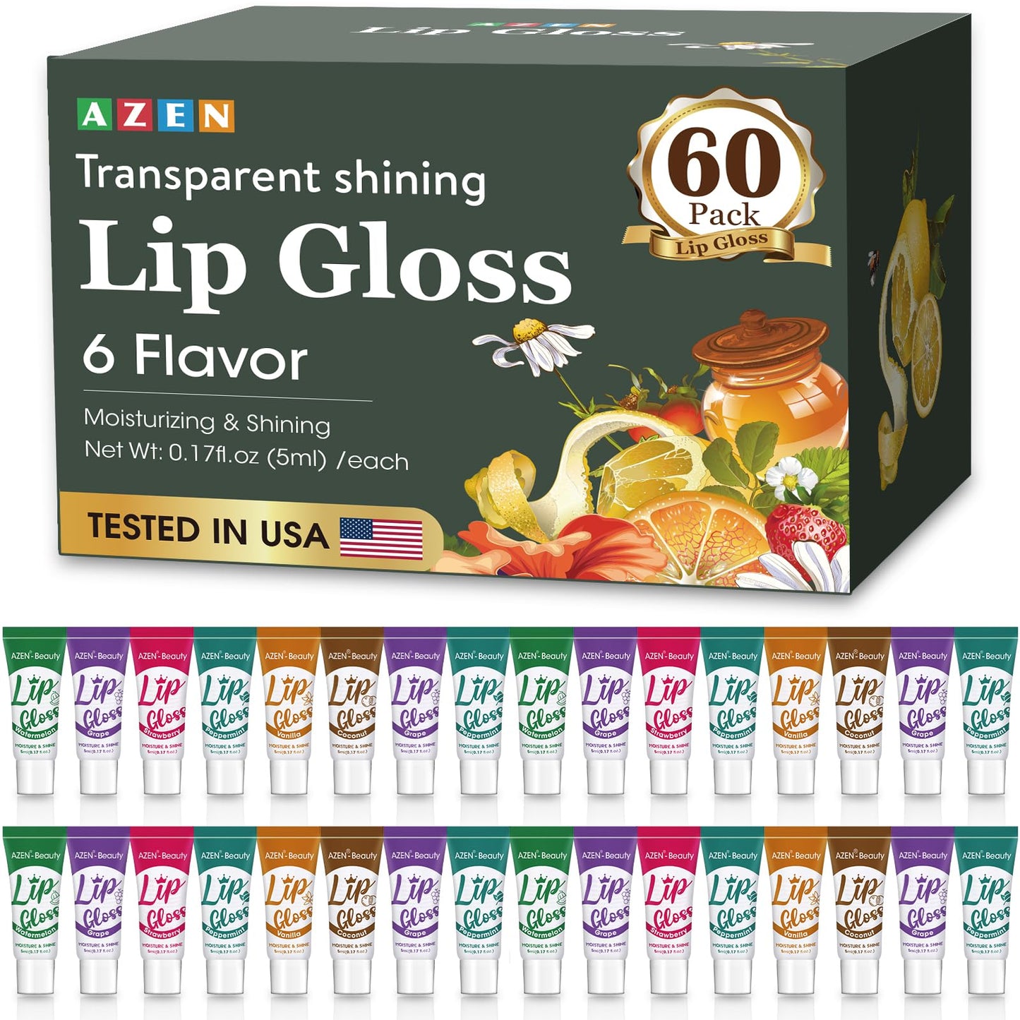 AZEN 60 Pack Lip Gloss Set, Clear Lip Gloss Bulk, Lip Oil for Dry Cracked Lips Moisturizing Hydrating Nourishing with Vitamin E, Mothers Day Gifts for Women