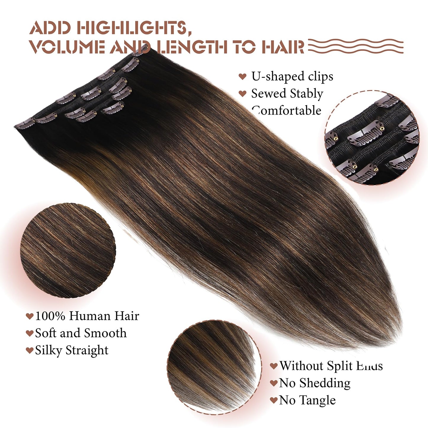 Clip in Hair Extensions Real Human Hair 20 Inch Straight Human Hair Clip in Extensions Balayage Dark Brown to Chestnut Brown Remy Hair Extensions Clip ins for Women 80g/5pcs