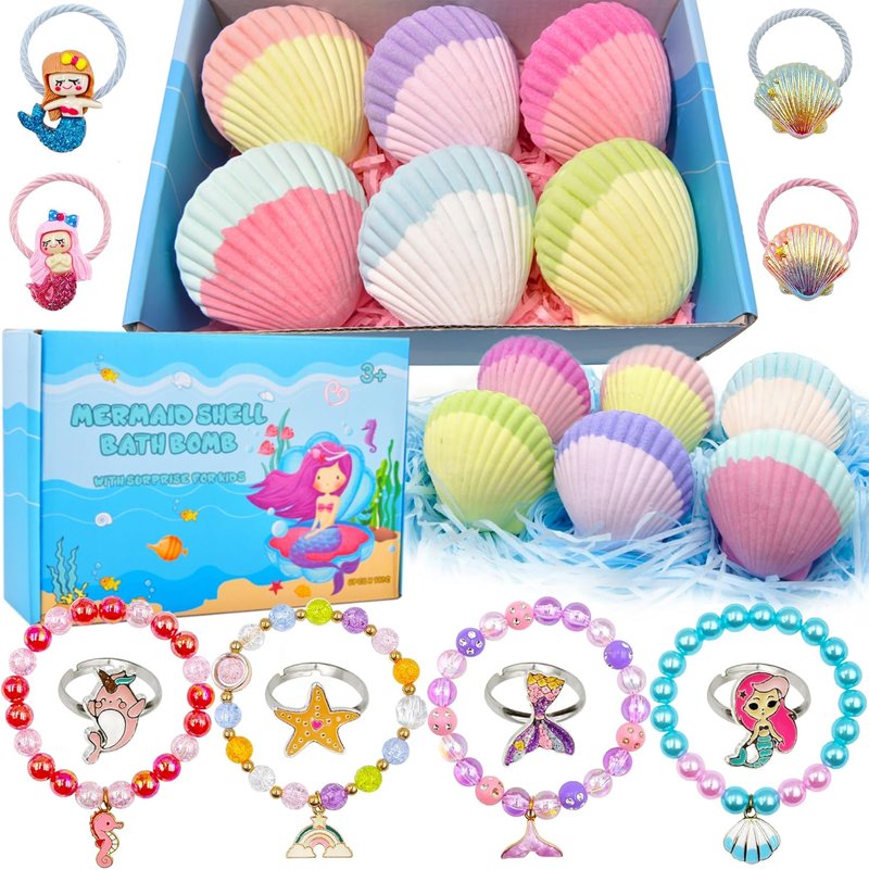 Mermaid Bath Bombs for Kids - 6 Pcs Natural Fizzy Shells with Surprise Jewelry | Perfect Gift for Birthdays, Christmas & Easter