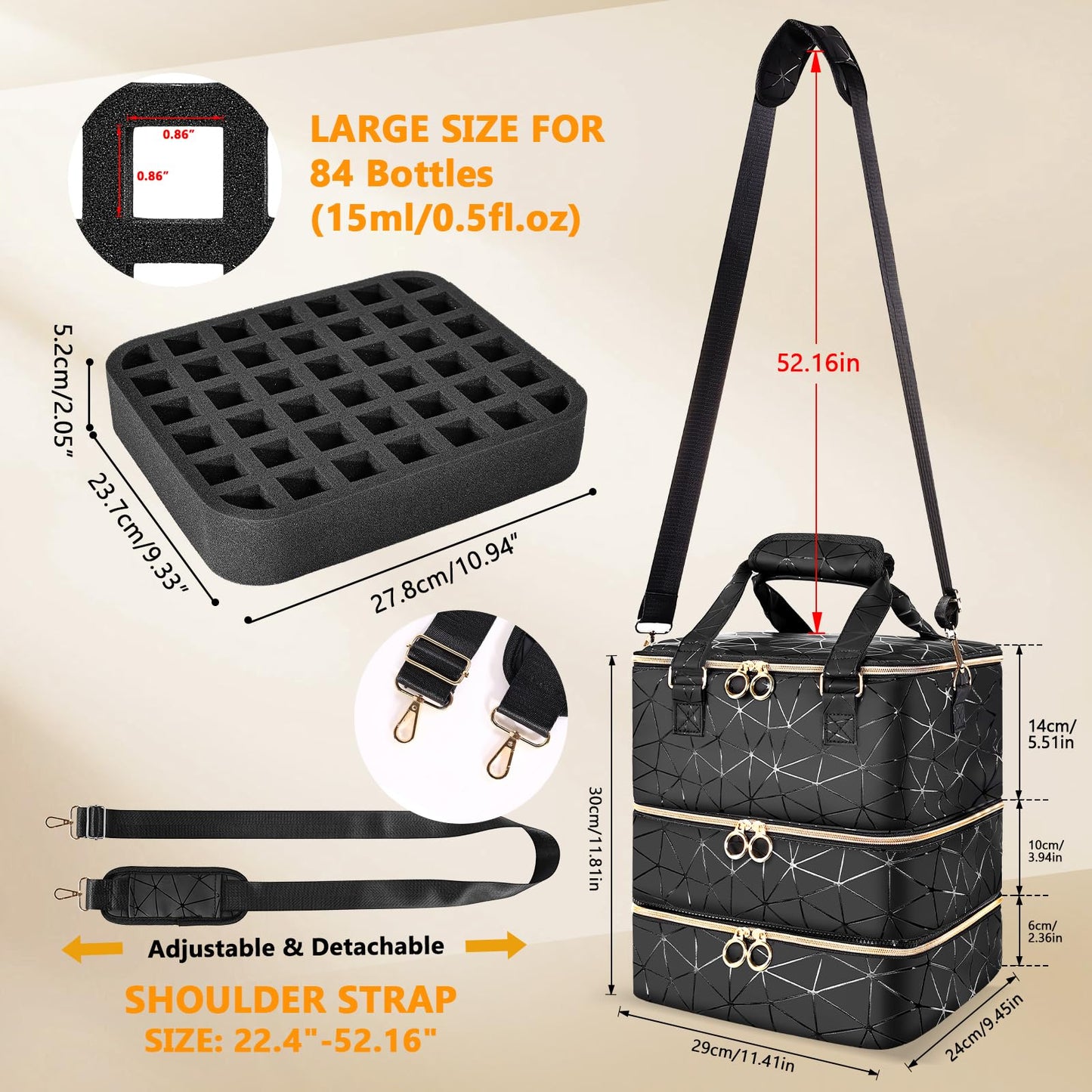 Nail Polish Organizer Case Holds 84 Bottles(15ml/0.5 Liquid Ounces) & Nail Lamp,3 Layers PU Leather Nail Supplies Storage Organizer Bag,Large Shoulder Strap Nail Polish Holder Travel Carrying Case.