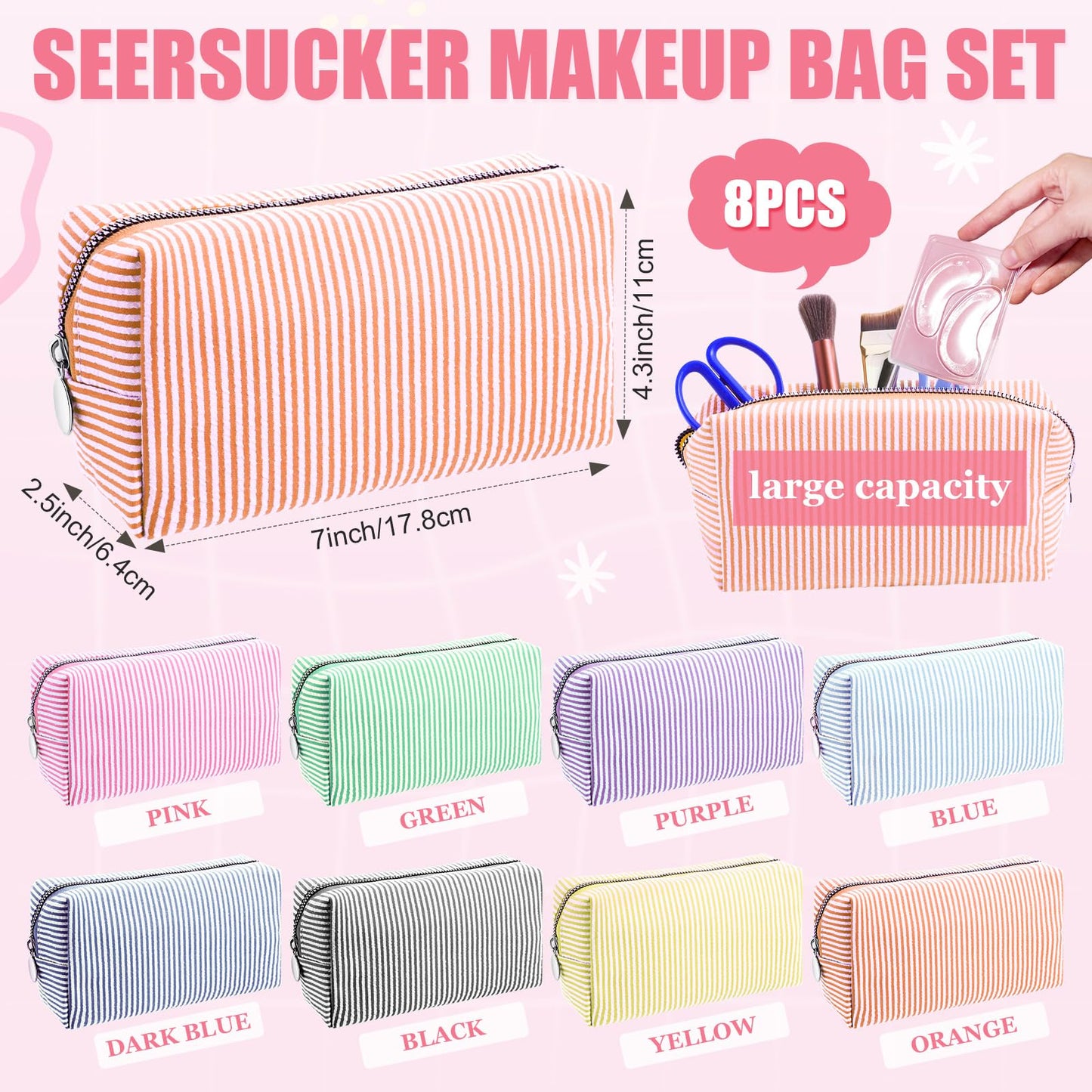 Giesiery 8 Pcs Seersucker Makeup Bags Striped Cosmetic Bags Bulk Organizer for Women Preppy Travel Toiletry Pouch for Wedding Bridesmaid Gifts (Mixed Color, Medium)