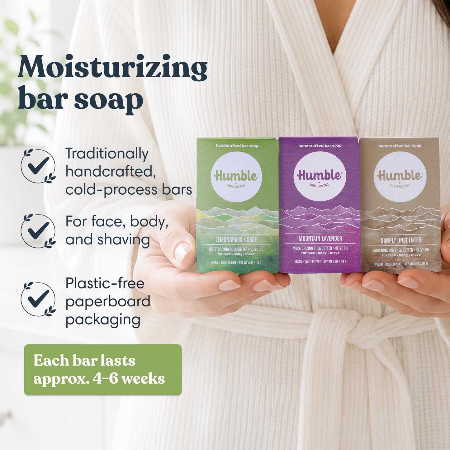 Humble Natural Bar Soap, Herbal & Fresh - Cold Processed Face & Body Soap Bar with Essential Oils - Moisturizing Formula for Long-Lasting Freshness, Gently Cleanses & Soothes Skin, Vegan - 3 Pack
