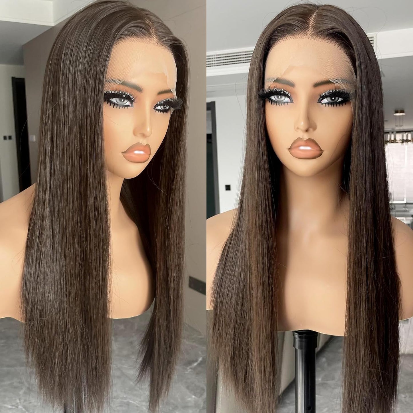 Chocolate Brown Lace Front Wig - 26 Inch Long Straight Synthetic Hair | Pre-Plucked, Glueless Design for Everyday Wear