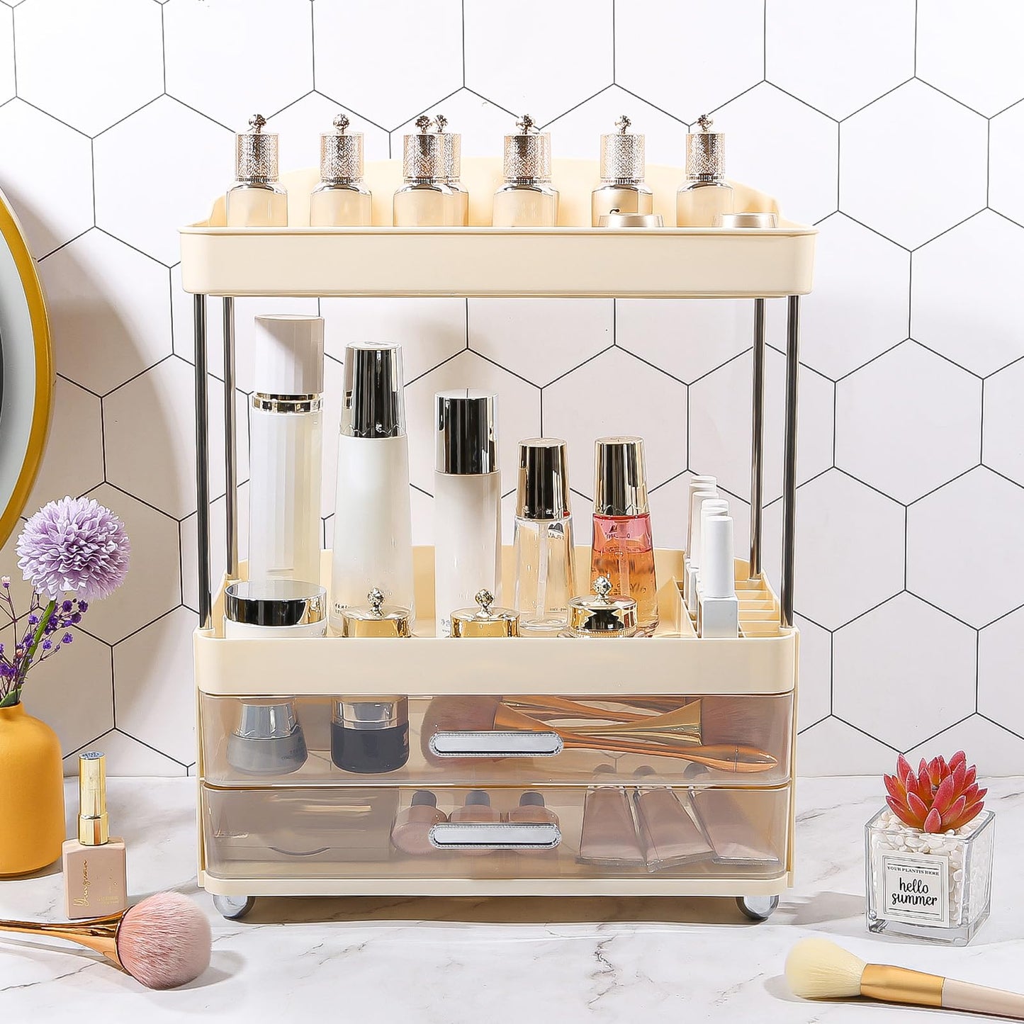 DASITON 4 Tiers Makeup Organizer, 2 Drawers Large Cosmetic Organizers for Vanity Bathroom Countertop, Bathroom Organizers and Storage for Skincare, Cosmetic, Perfume, Dresser Organizer (Cream+Clear)