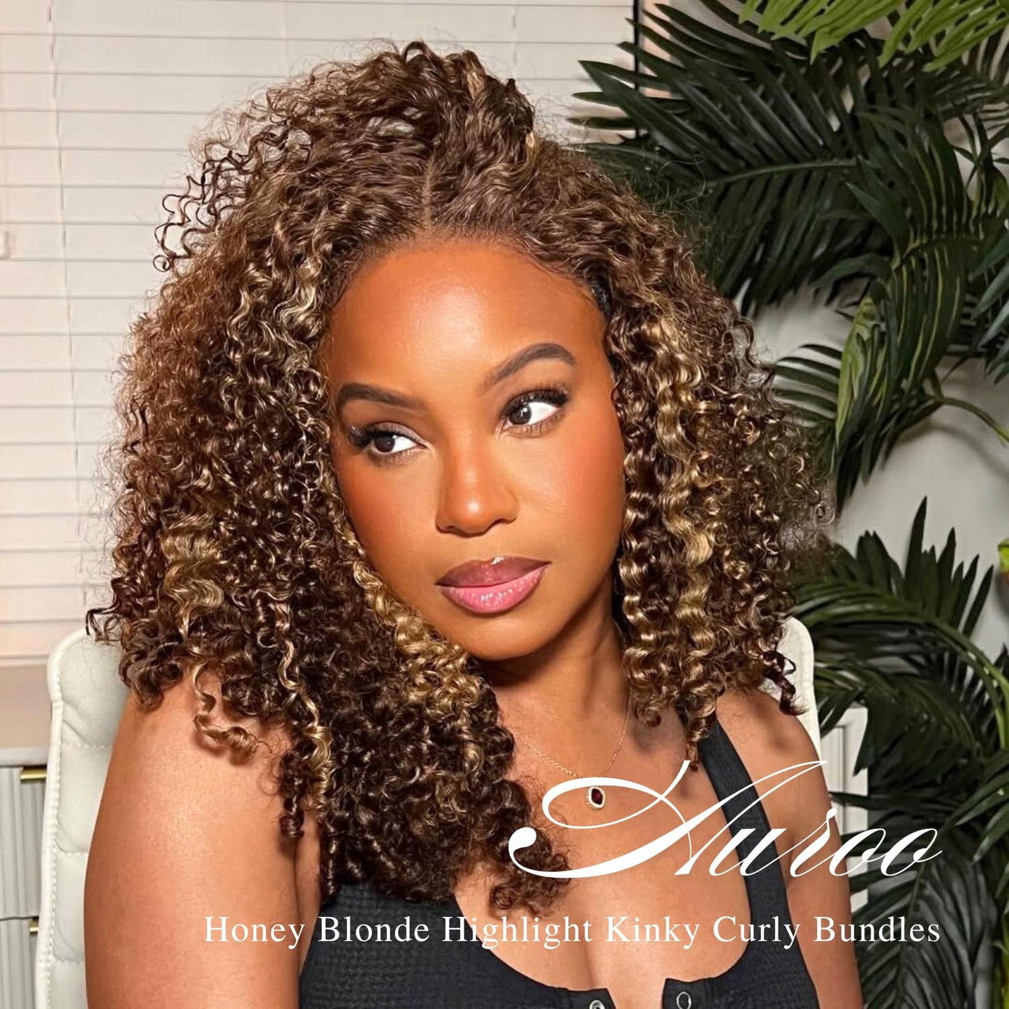 AUROO Honey Blonde Highlight Tight Kinky Curly Human Hair Single Bundles, 12A Brazilian Curly Weave Bundles Human Hair 100% Virgin Remy Bundle Ombre #P4/27 Colored Kinky Curly Thick Tracks Sew in 14In