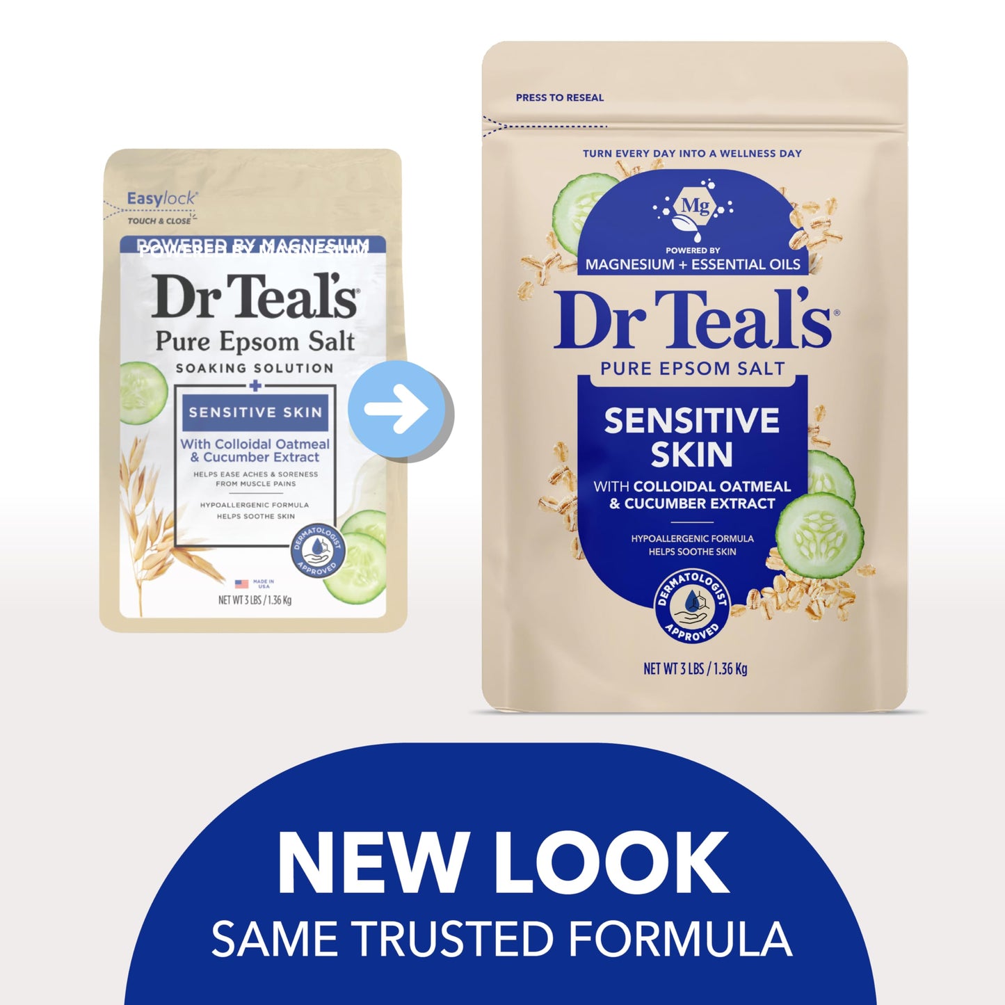 Dr Teal's Epsom Salt Magnesium Soak, Sensitive Skin with Colloidal Oatmeal & Cucumber, 3 lbs (Pack of 4)