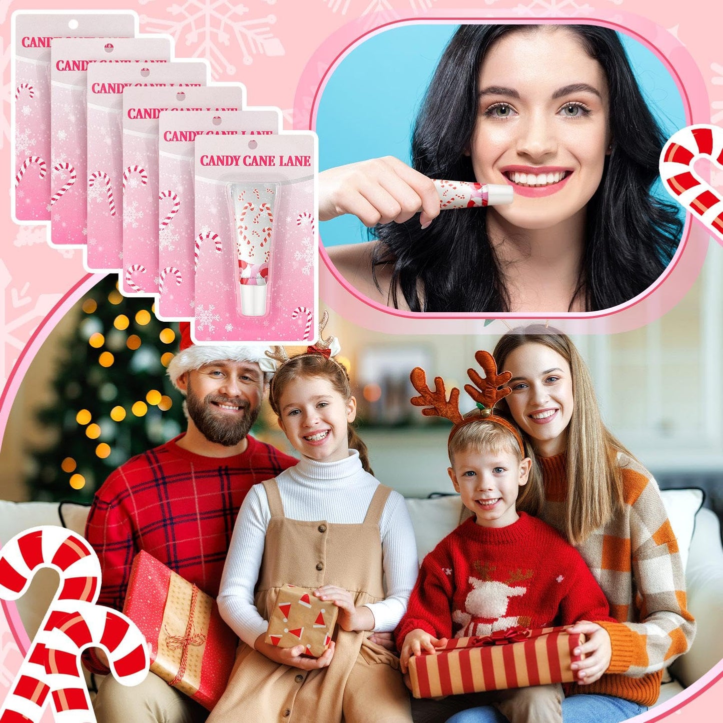 Linyuthia 24 Pcs Cane Themed Lip Balms Christmas Lip Balms Bulk Lip Gloss Mint Candy Flavored 6 Styles Holiday Party Treat Goodie Bags Cute Stocking Stuffers Christmas Gifts for Girls Women Friend