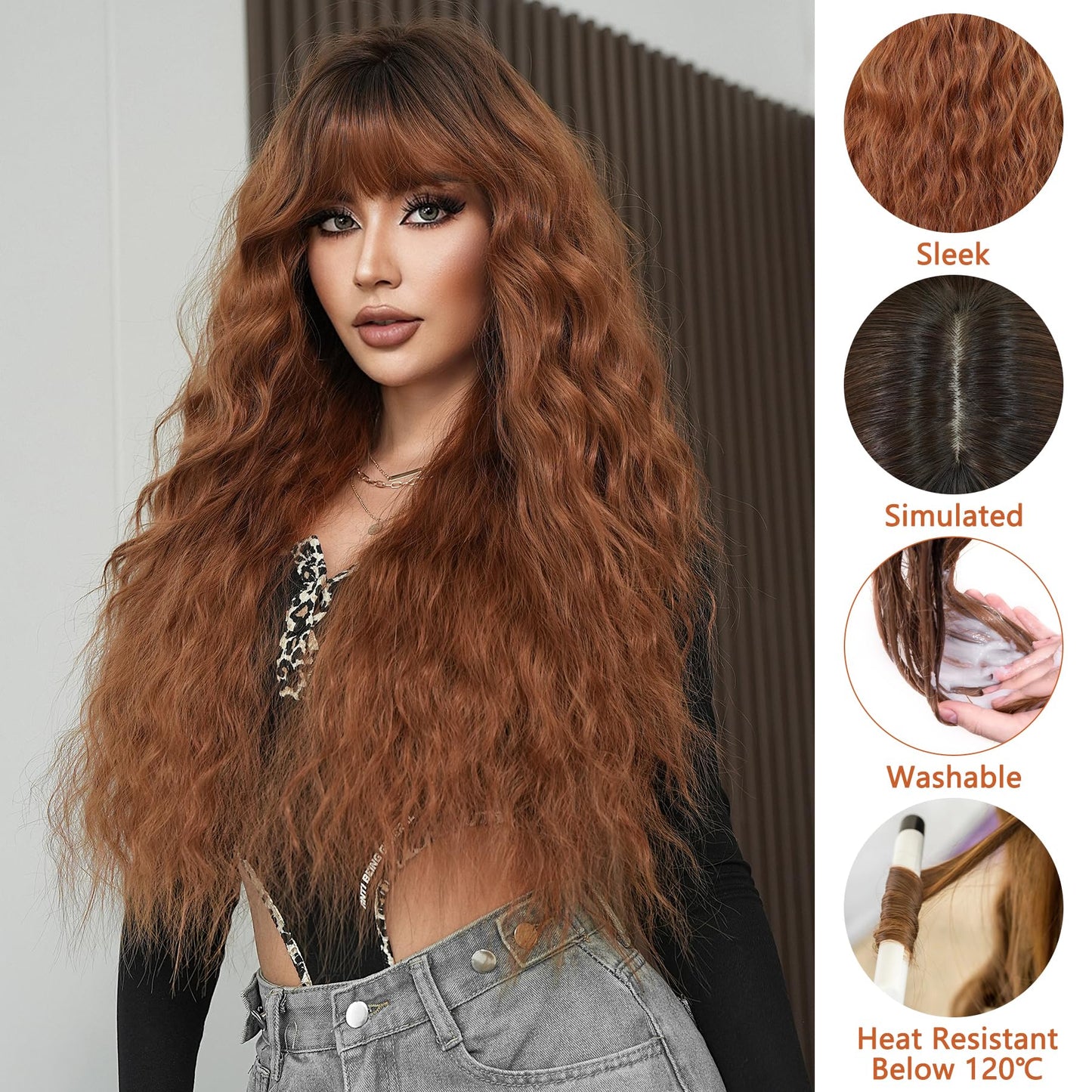 PARK YUN 33In Auburn Brown Curly Wig with Bangs Chestnut Red Heat-Resistant Synthetic Wig Natural Looking Wigs for Daily Use Cosplay Party Gifts for Women