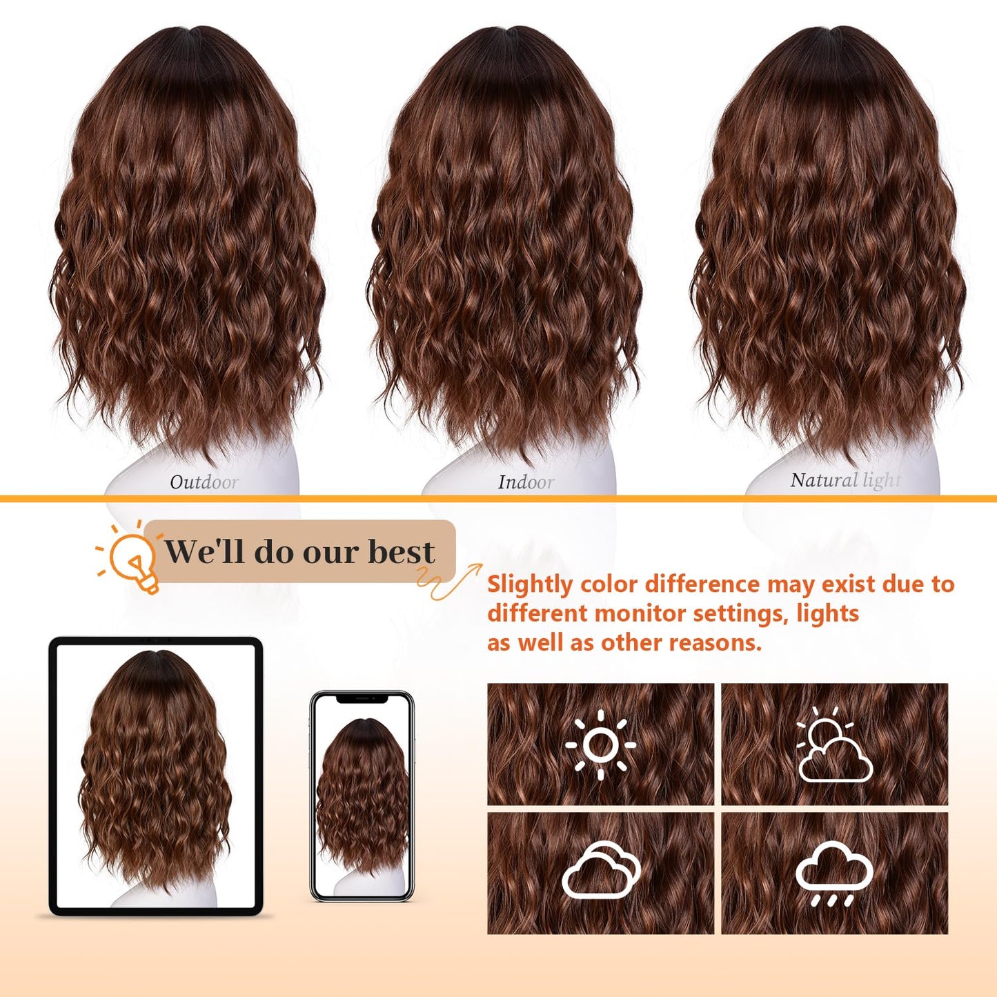 Short Bob Wavy Wig for Women - 18-Inch Highlight Brown Wig with Bangs | Shoulder-Length Hair for Halloween & Daily Wear
