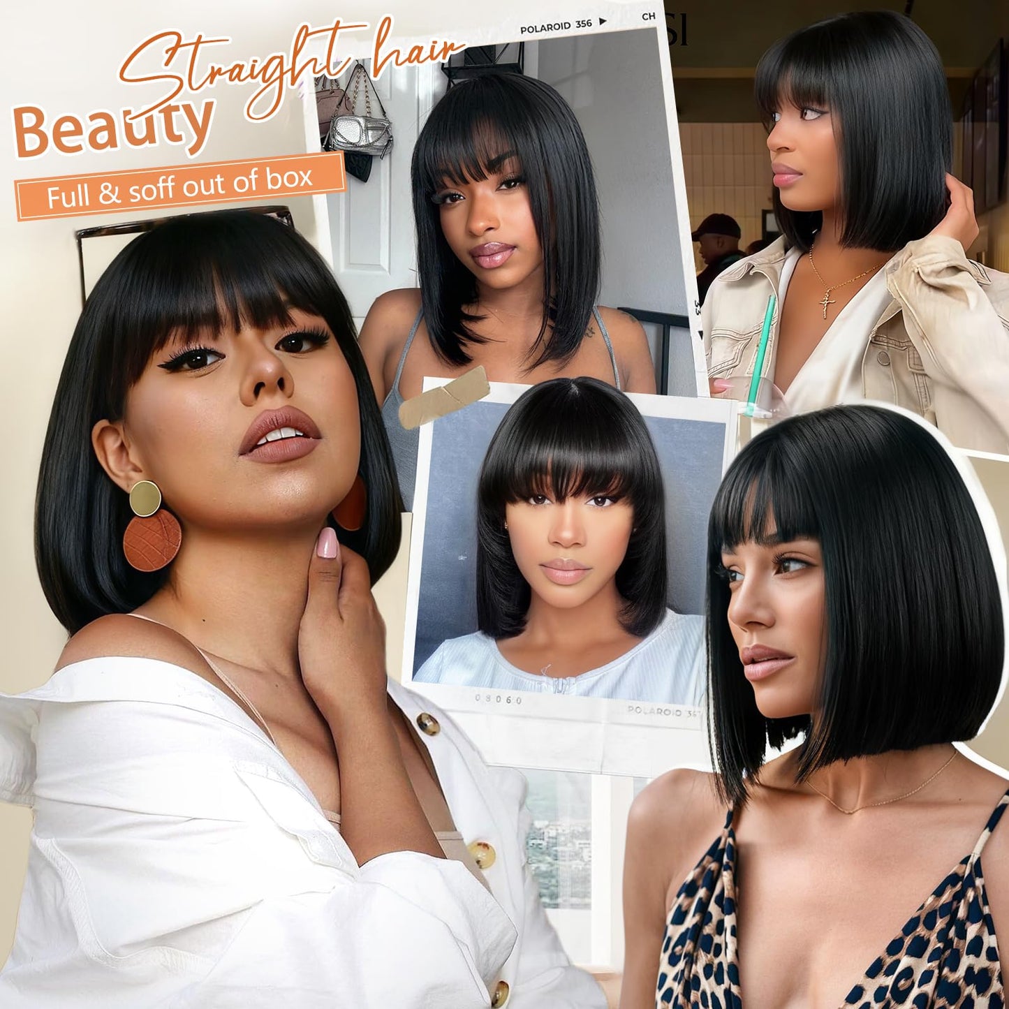 Xinjiju Black Bob Wigs Human Hair Short Wig with Bangs Straight Wigs Human Hair Glueless Wear and Go 150% Density Wigs for Women Daily Use 10Inch