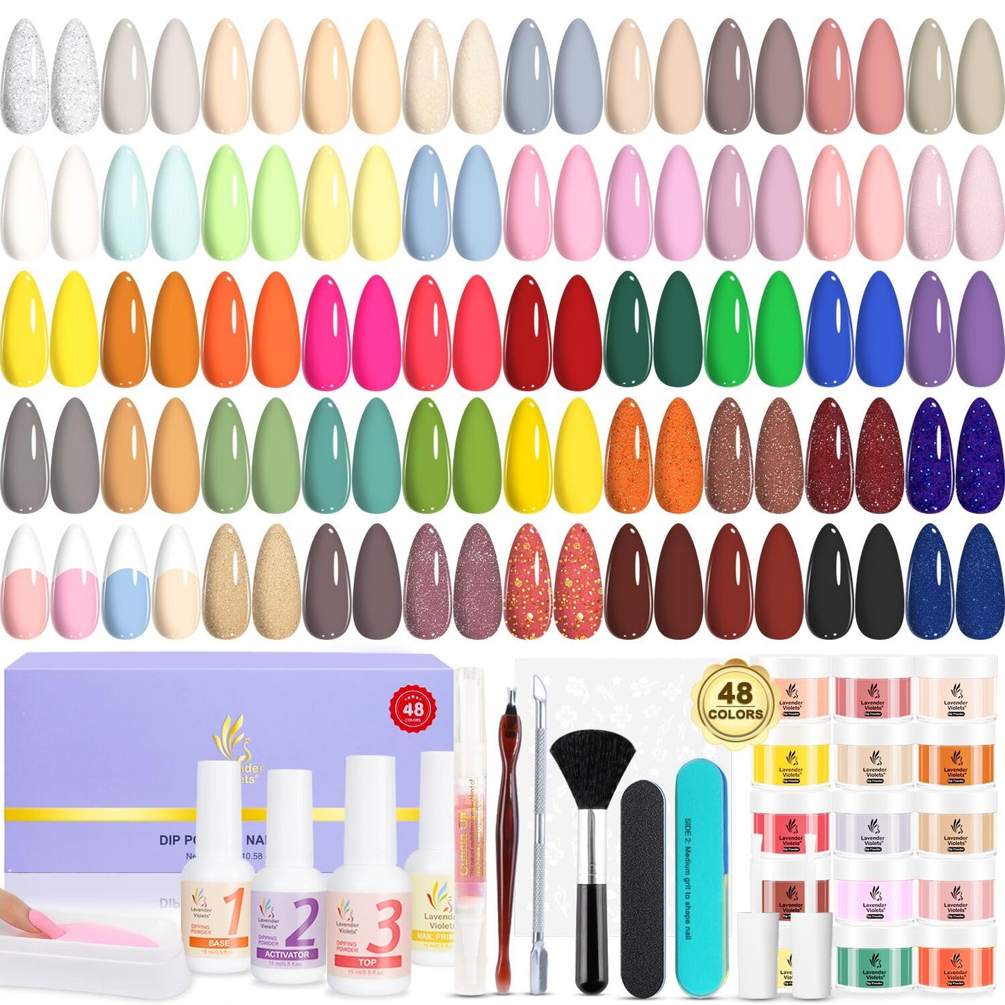 Lavender Violets Dip Powder Nail Kit 48 Colors Pink Red Purple Brown with Dip Powder Liquid Set and Essential Manicure Tools for Home Salon Manicure Nail Art Design G905