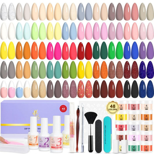 Lavender Violets Dip Powder Nail Kit 48 Colors Pink Red Purple Brown with Dip Powder Liquid Set and Essential Manicure Tools for Home Salon Manicure Nail Art Design G905