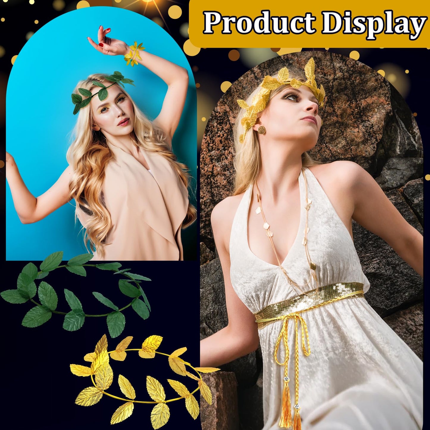 Suncalla 40 Pcs Greek Headband for Toga Party, 7.28 Inch Gold and Green Laurel Wreath Headbands, Greek Roman Goddess Headbands, Golden Leaf Crown Headpiece for Women Toga Party Decor and Photo Props
