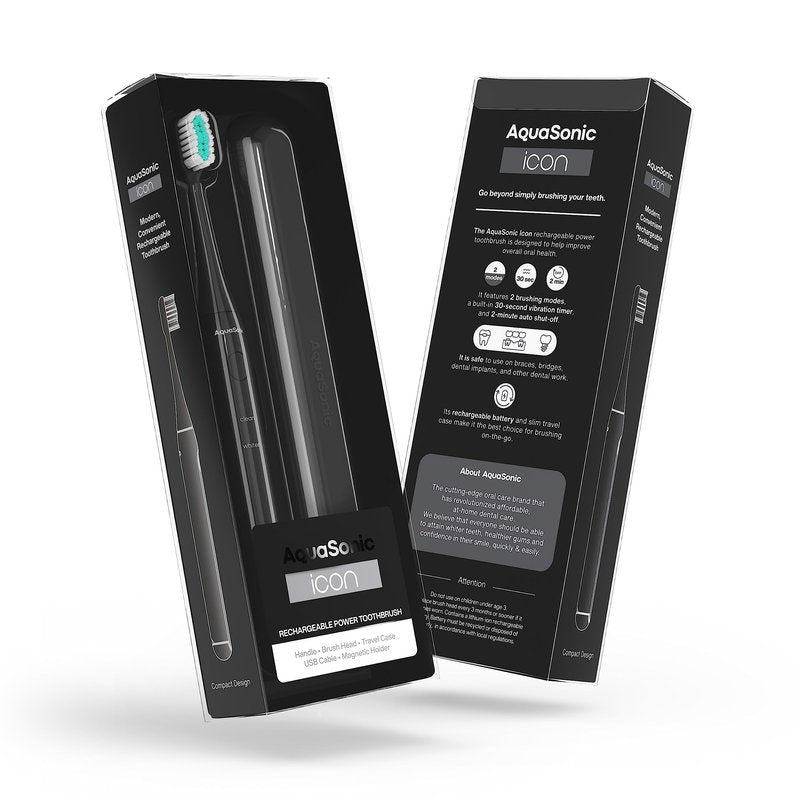 Aquasonic Icon ADA-Accepted Rechargeable Toothbrush | Magnetic Holder & Slim Travel Case | 2 Brushing Modes & Smart Timers | Gentle Micro-Vibrations(Onyx)