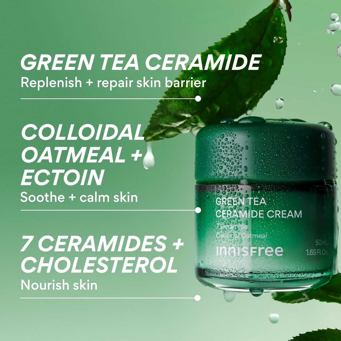 innisfree Green Tea Ceramide Cream | Hydrating Korean Rescue Cream for Acne and Dry, Sensitive, and Eczema Prone Skin | Non-Comedogenic