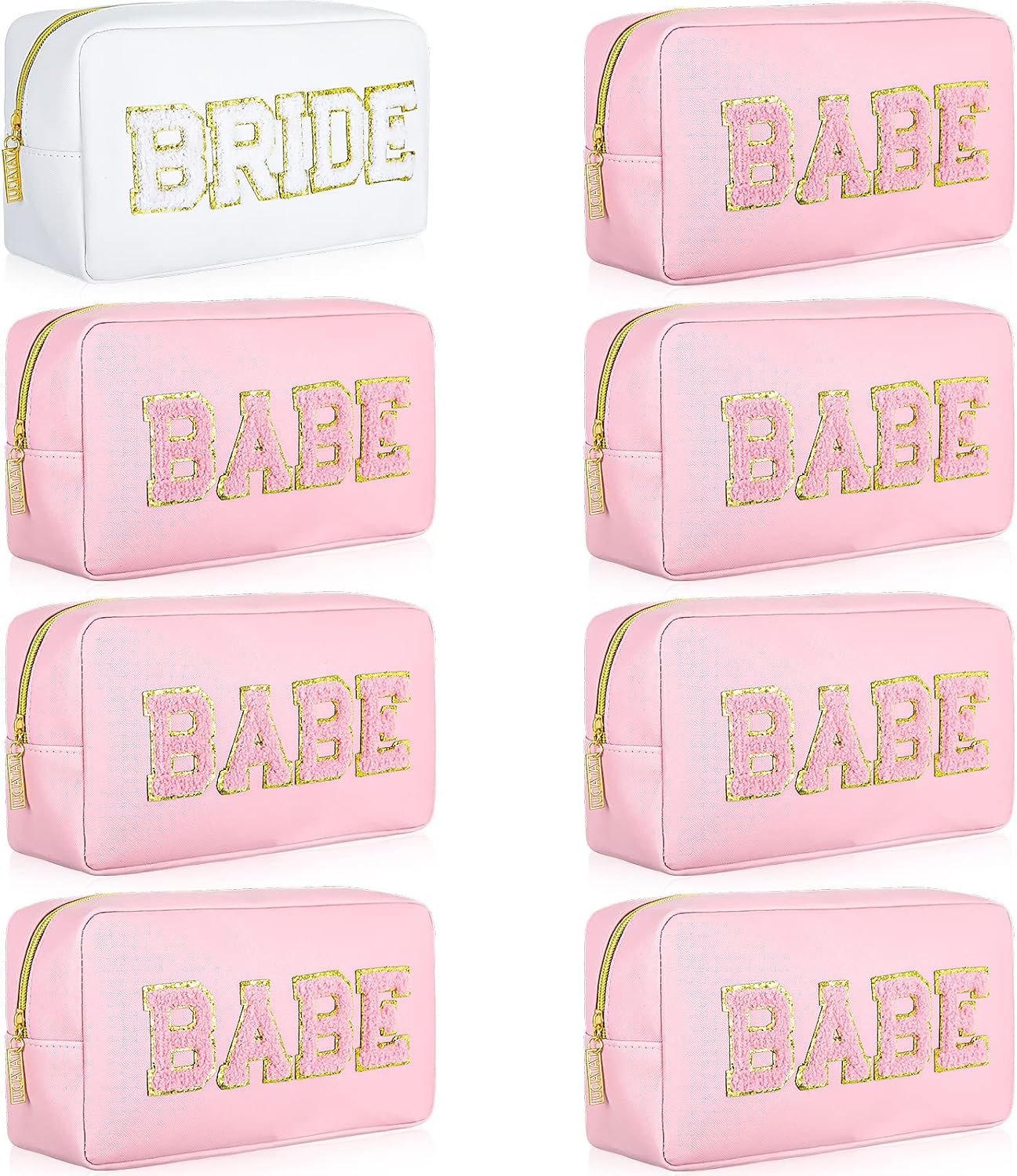 Bridesmaid Cosmetic Bags - 8 Pcs Embroidered Makeup Pouches for Wedding Party | White & Pink