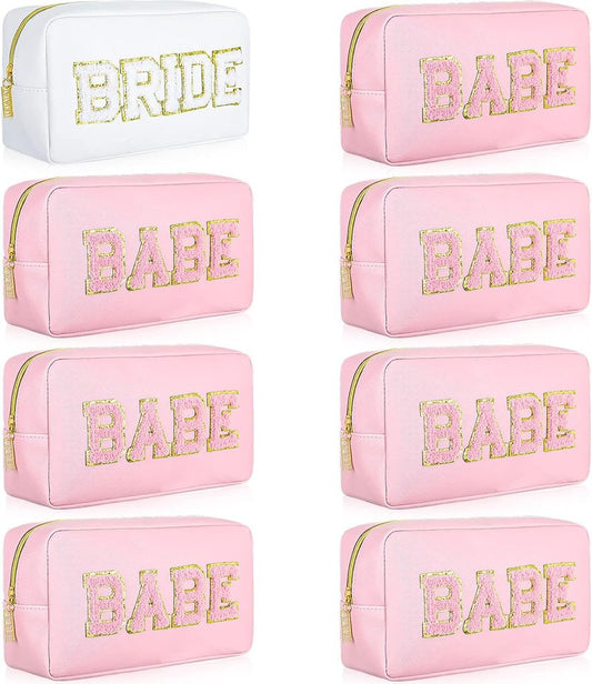 Bridesmaid Cosmetic Bags - 8 Pcs Embroidered Makeup Pouches for Wedding Party | White & Pink