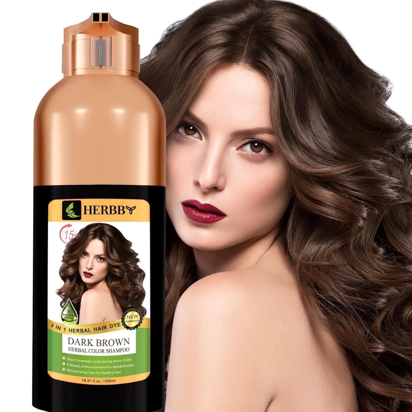 Hair Color Shampoo for Gray Hair Coverage | 9 Herbal Extracts, Long-Lasting Dark Brown Dye, 500ml
