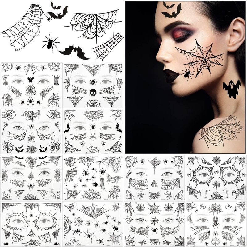 Halloween Face Tattoo Sheets - Spider Web Temporary Body Art | 36 Designs for Cosplay & Costume Parties