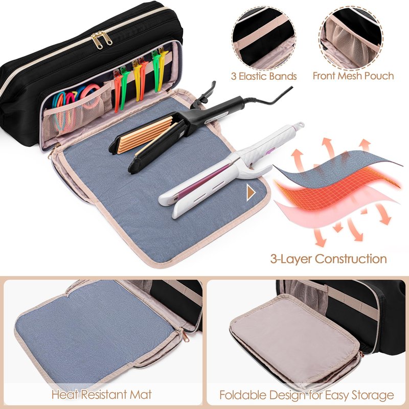 Fasrom Hair Tools Travel Bag with Heat Resistant Mat for Flat Iron, Curling Iron and Straightener, 2 in 1 Blow Dryer Organizer Case for Styling Appliances and Hot Items, Black (Patent Design)