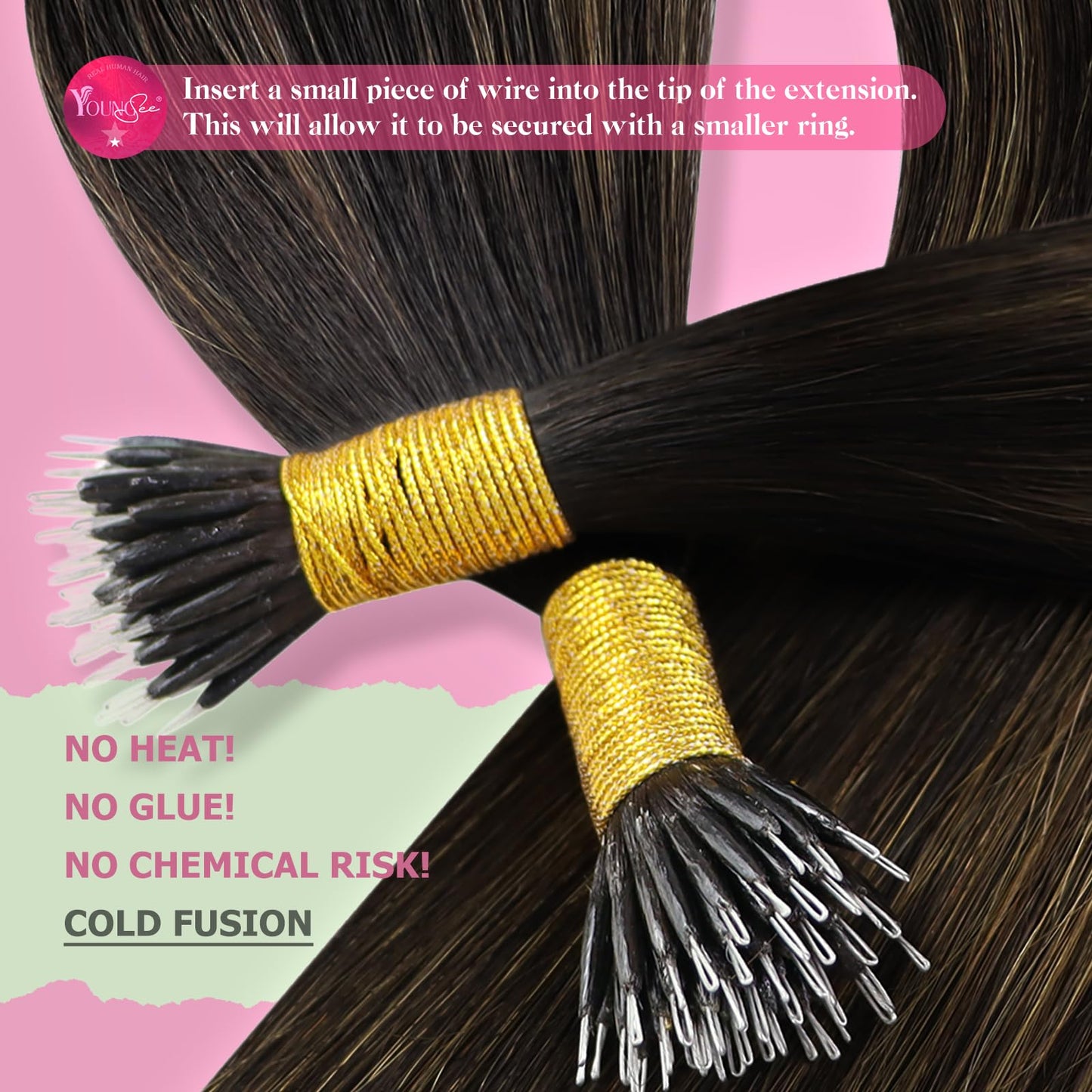 YoungSee Nano Tip Hair Extensions Real Human Hair Balayage Brown 22in Nano Ring Hair Extensions Human Hair Balayage Dark Brown Mix Medium Brown 50g 50 Strands Nano-Beads Extension for Natural Looking
