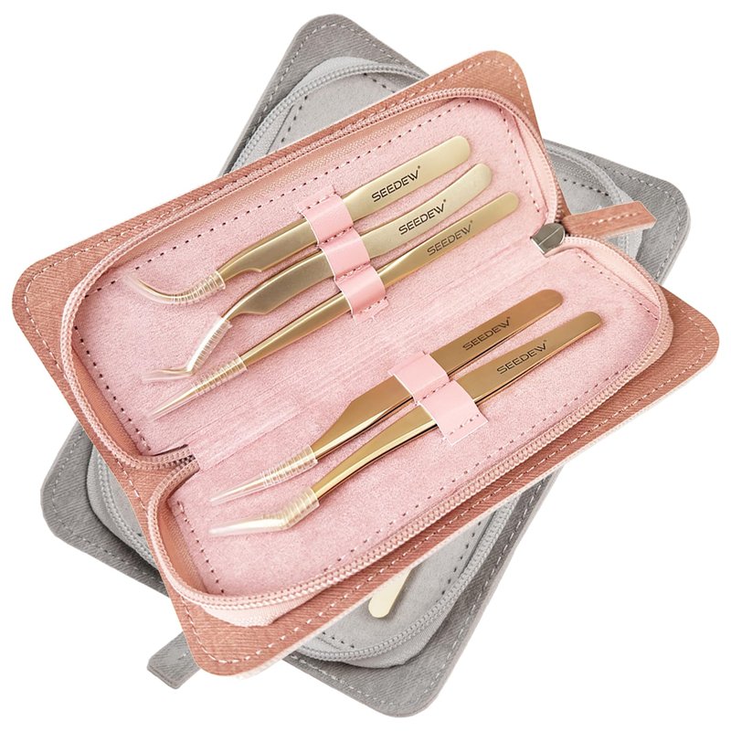 SEEDEW Tweezers Box Set, 5 PCS Isolation Pointy Precision Professional Stainless Tweezers with a PU Storage Case, Organizer Kit for Eyelash Extension, Beginner Lash Tech, Crafts Repair(White, Golden)