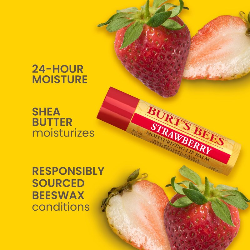 Burt's Bees Mothers Day Gifts, Lip Balm - Strawberry, Lip Moisturizer With Responsibly Sourced Beeswax, Tint-Free, Natural Origin Conditioning Treatment, 2 Tubes, 0.15 oz.