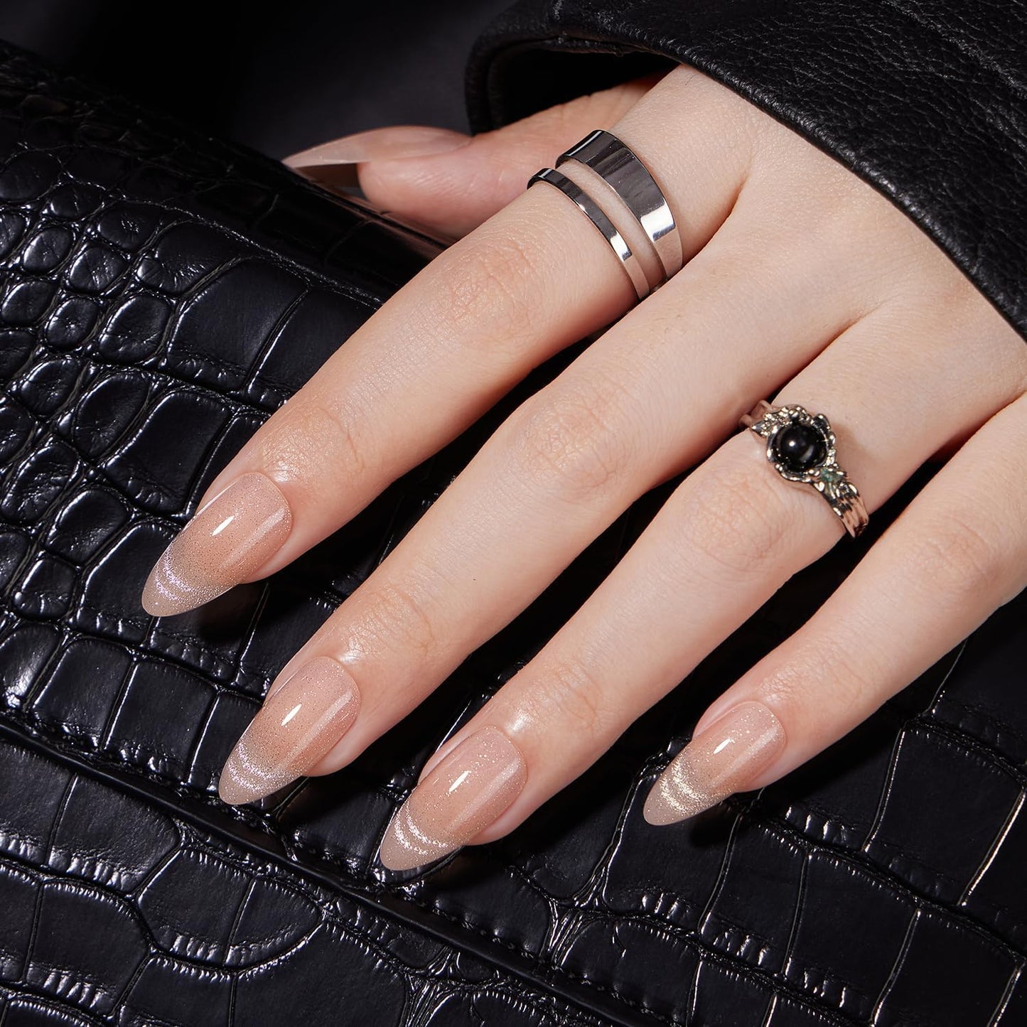 VSALON Almond Medium Press On Nails, Nude Radiant Cat Eye French Tip