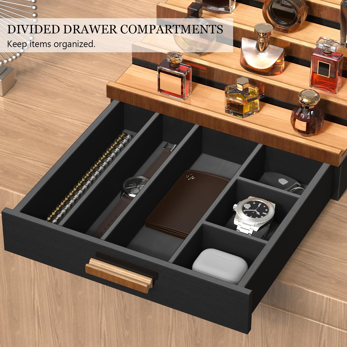 Zaldia Wooden Cologne Organizer for Men 4 Tier of Perfume Display Holder of Drawer & 2 Hidden Compartments Larger Storage Space Mens Perfume Organizer Shelf Stand,Gift for Man (4T-Black Walnut)