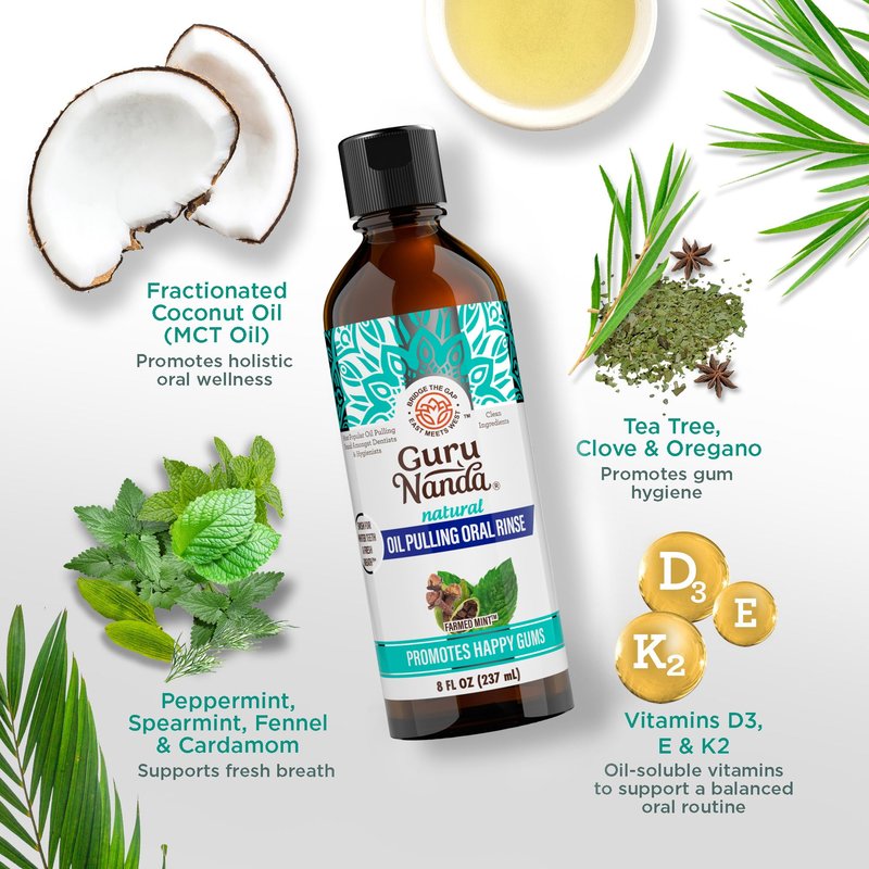 GuruNanda CocoMint Oil Pulling Mouthwash for Complete Oral Hygiene, 7 Essential Oils & Vitamins for Happy Teeth & Gums & Fresh Breath, with 2 Toothbrushes & 2 Tongue Scrapers, Alcohol-Free, 3X8 oz