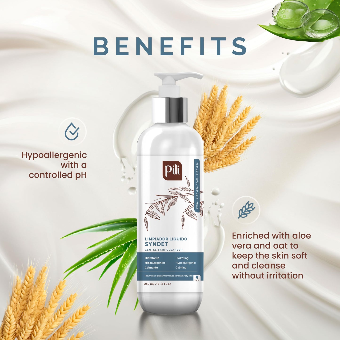Pili Natural Syndet - Gentle Skin Cleanser with Oatmeal and Aloe Vera - Hypoallergenic cleanser for sensitive skin - 8.4 Fl.oz (Pack of 2)