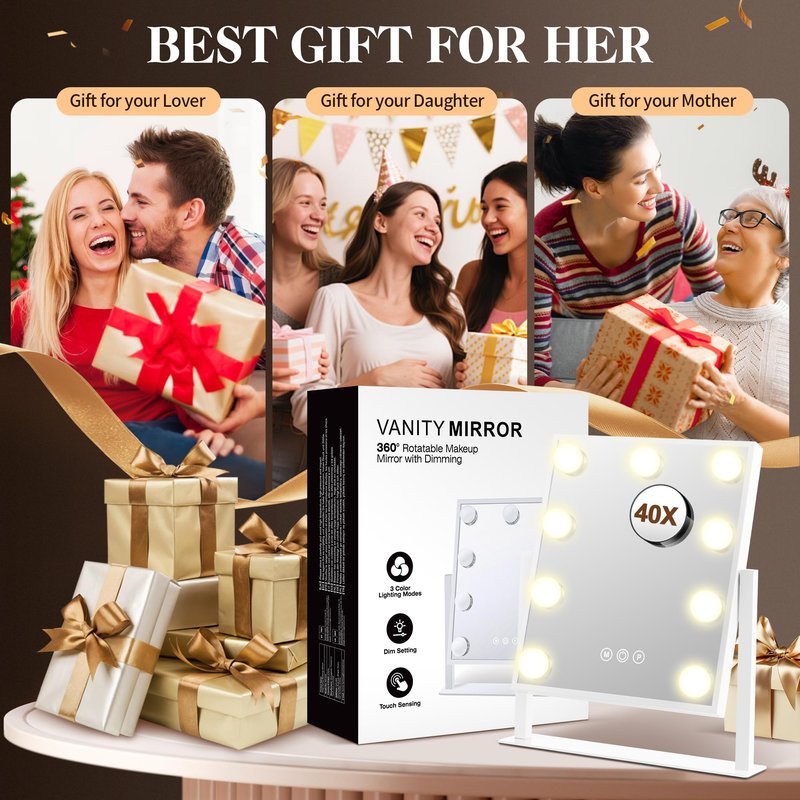 Magnifying Makeup Mirror Hollywood Vanity Mirror with Lights, 3 colors light, Smart Touch Control, brightness adjustable, 360°Rotation with Detachable 40X Small Magnification Mirror (14“L x 12“W)