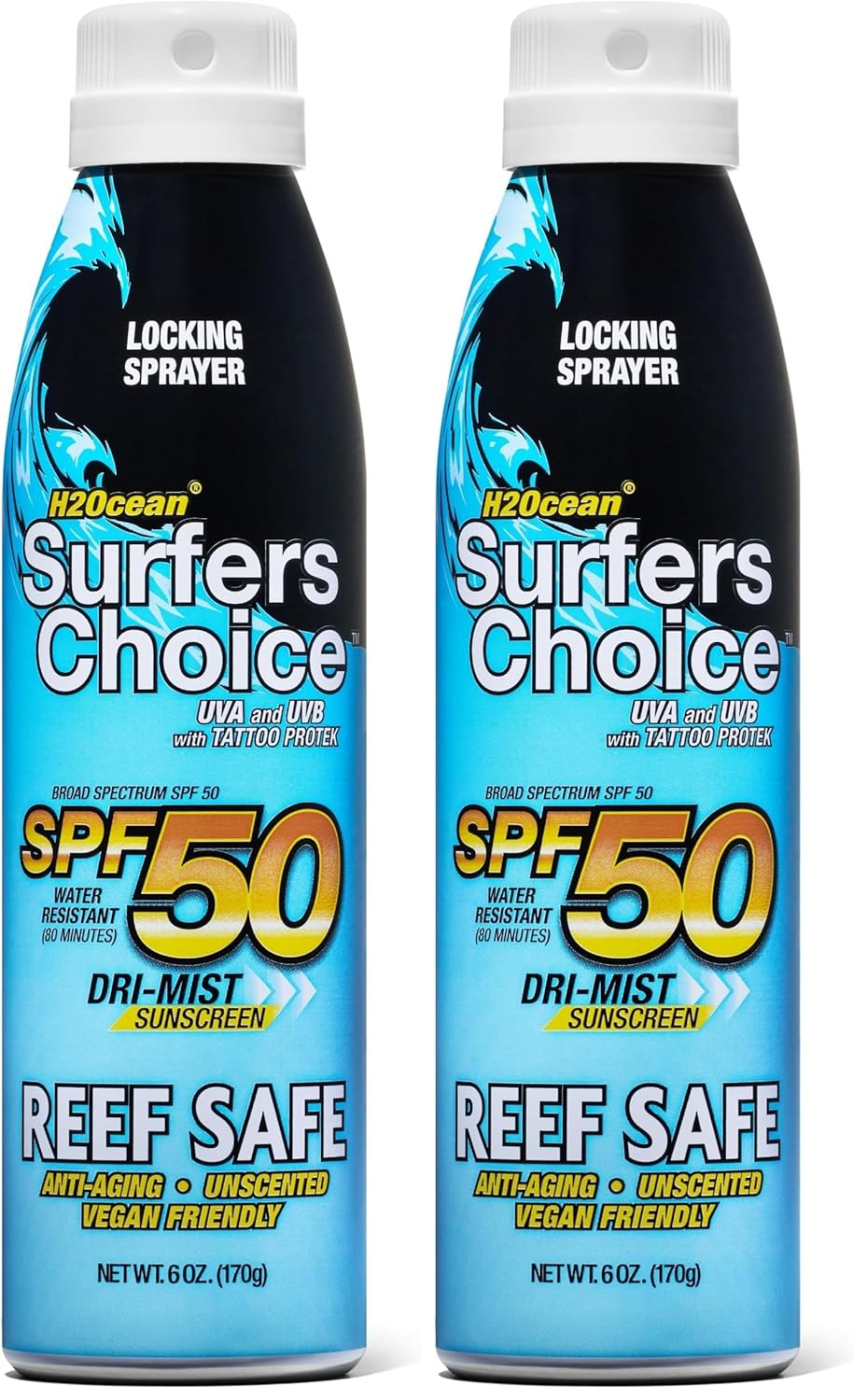 H2Ocean SPF 50 Sunscreen Spray - Quick-Drying Tattoo Aftercare & UV Protection | Reef-Safe, 6 oz (Pack of 2)
