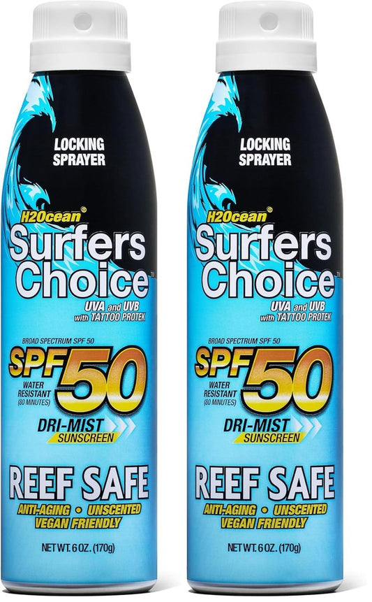 H2Ocean SPF 50 Sunscreen Spray - Quick-Drying Tattoo Aftercare & UV Protection | Reef-Safe, 6 oz (Pack of 2)