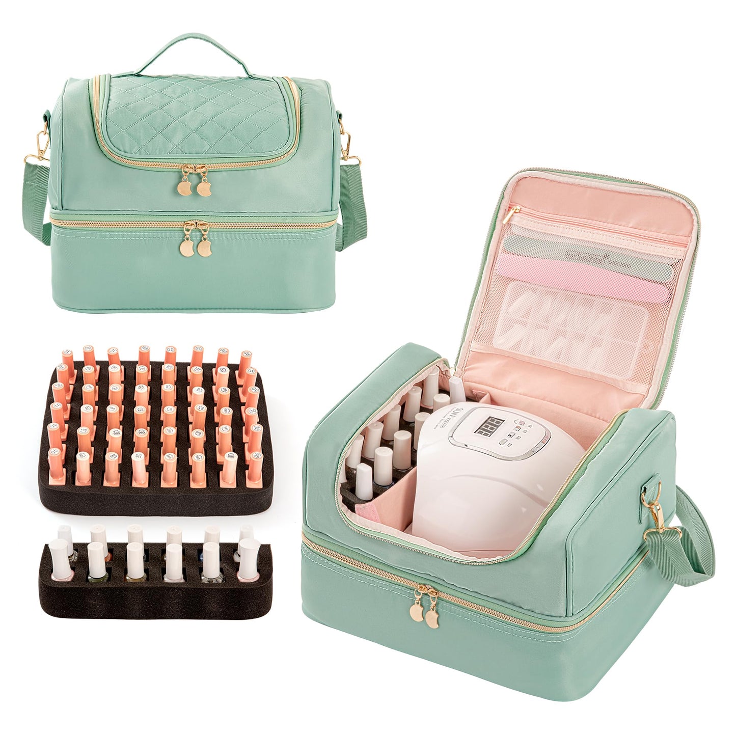 KGMCARE Nail Polish Organizer Bag, Nail Supplies Storage Holds 60 Bottles Nail Polish & Nail Lamp, Gel Nail Travel Carrying Case for Nail Kit Nail Tech (Green)