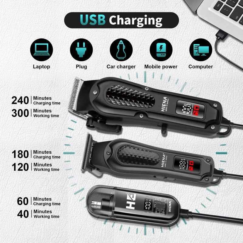 HIENA PRO Professional Cordless Hair Clippers for Men, Beard Trimmer & Nose Hair Trimmer Set, Rechargeable Electric Barber Hair Cutting Grooming Kit
