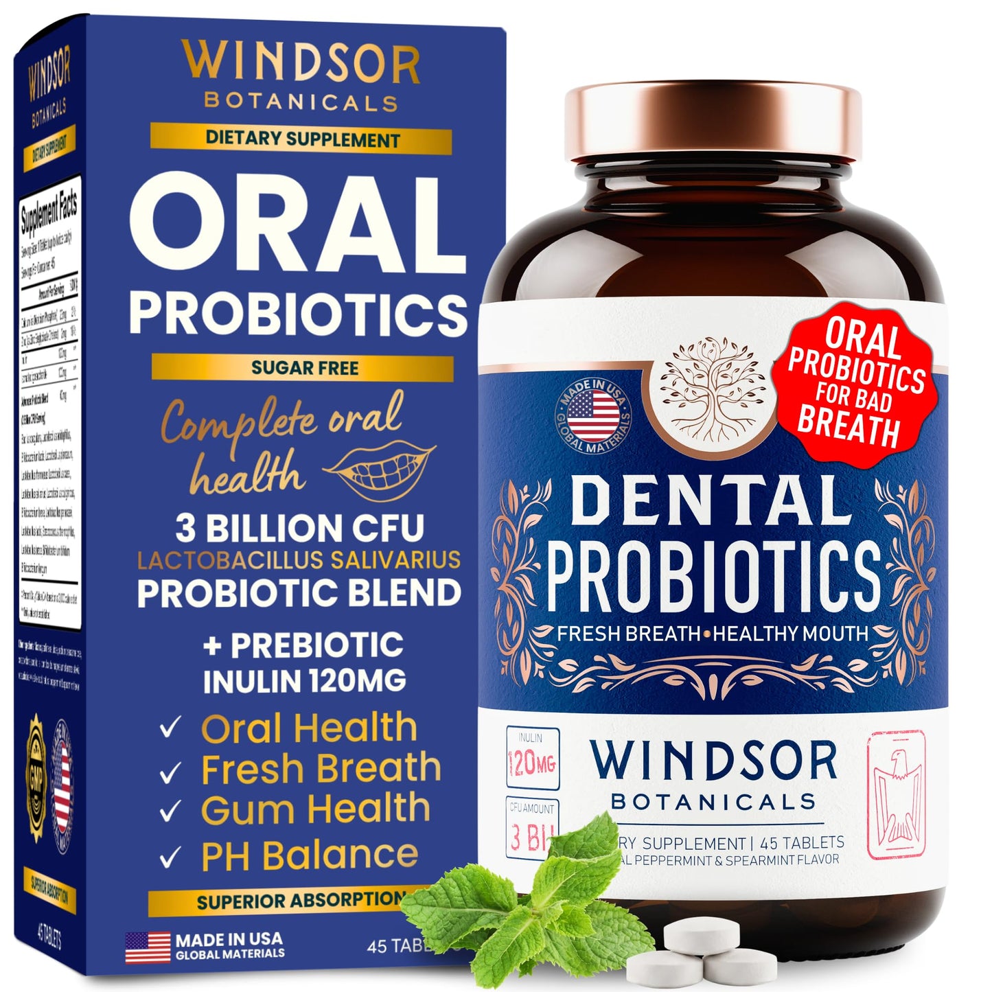 Oral Probiotics for Teeth and Gums - 3BN CFU Lactobacillus Salivarius Acidophilus Rhamnosus Streptococcus - Bad Breath Treatment for Adults - 45 Chewable Mint Dental Probiotic Tablets for Women & Men
