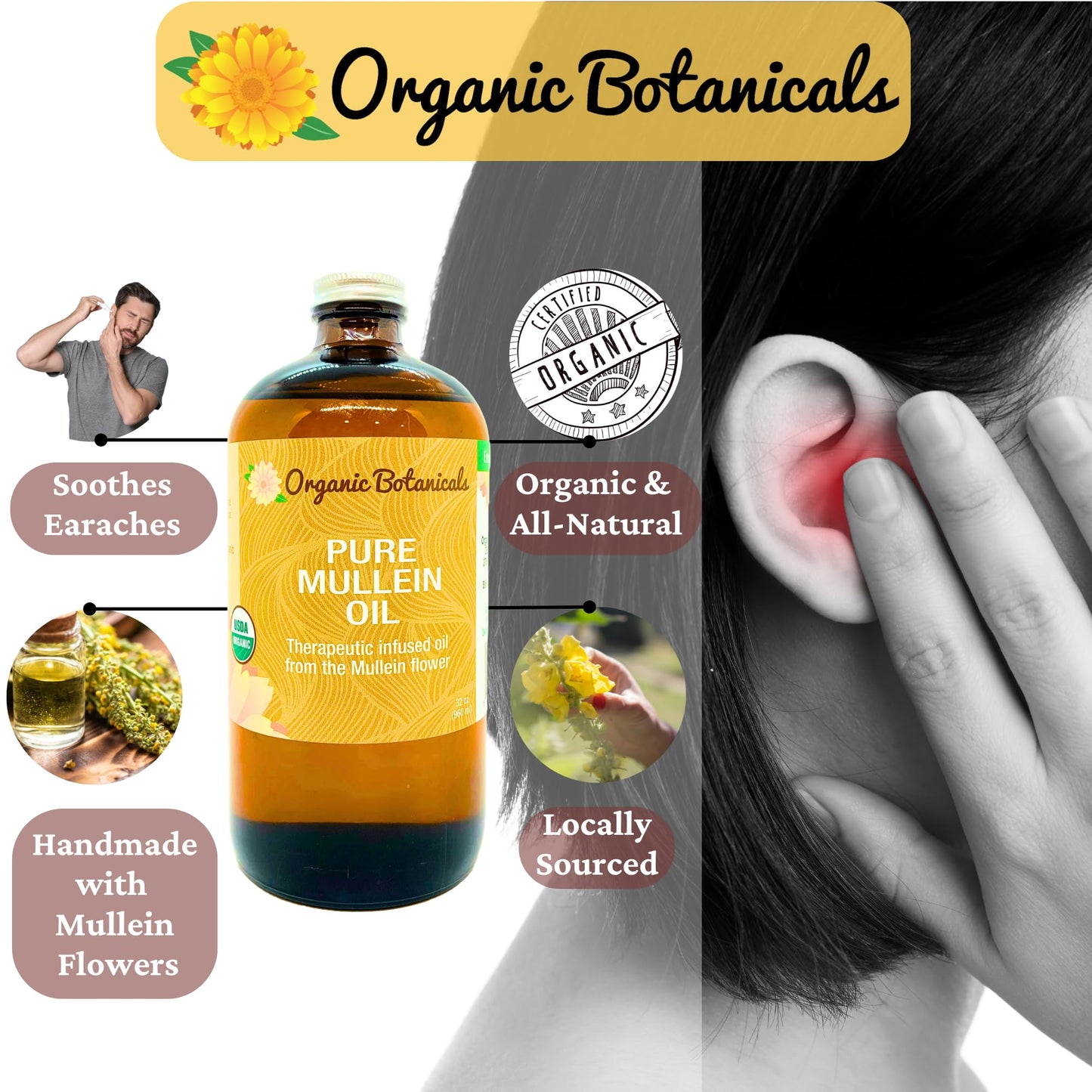 Pure Mullein Flower Infused Oil, Certified Organic