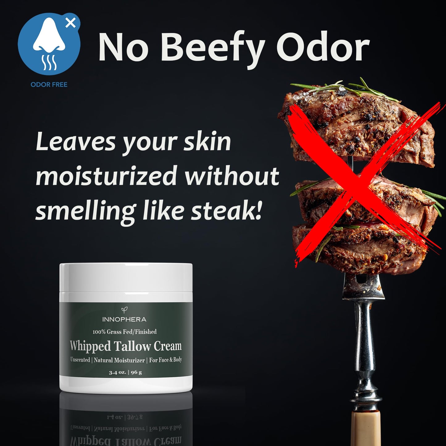 Innophera Whipped Beef Tallow Cream for Skin Care ‒ Grass Fed & Grass Finished ‒ 100% Natural Moisturizer for Sensitive Skin ‒ Handmade Face & Body Lotion ‒ Unscented & Odorless ‒ 3.4 oz.