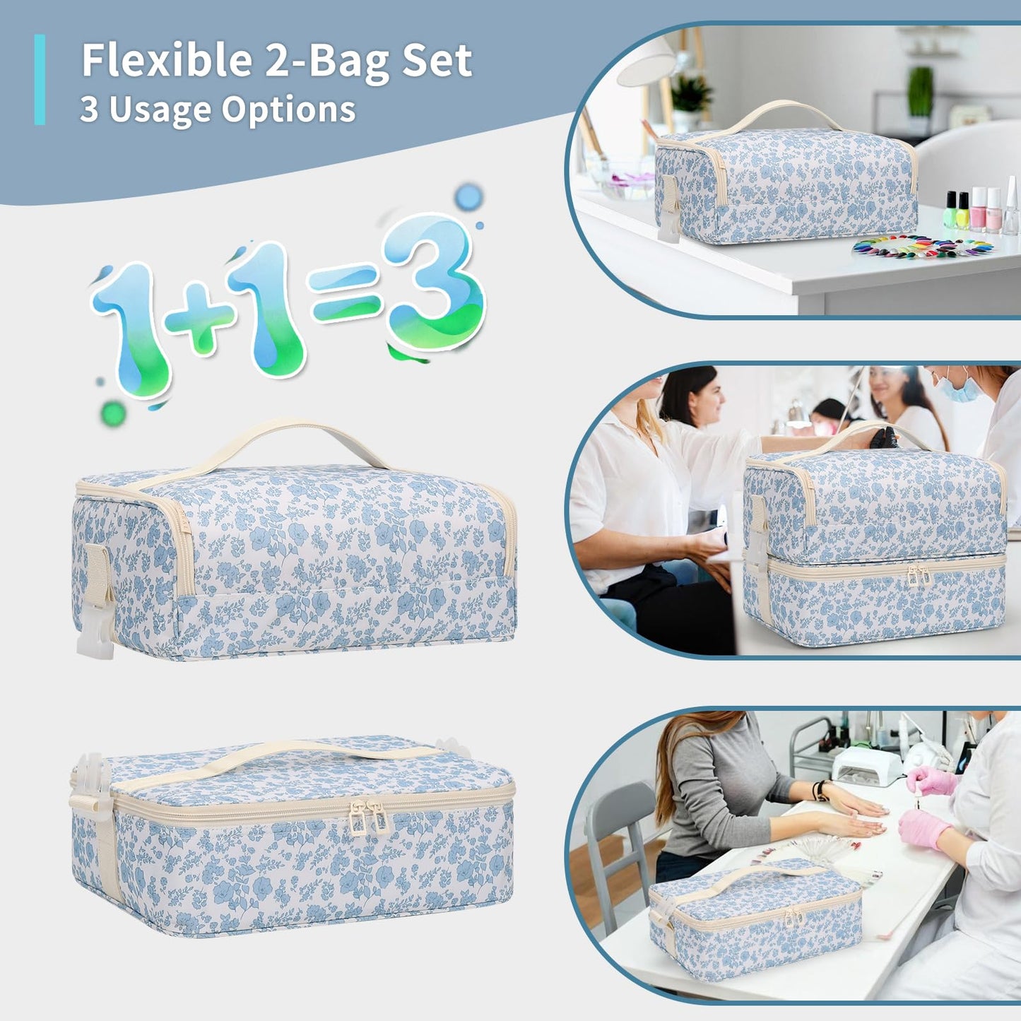 OCHEAL Nail Polish Organizer, Holds Nail Lamp and 45+ Bottles,3 Usage Modes Detachable Nail Storage Bag Travel Nail Tech Case Holds Nail Kit Stuff Manicure Tools -Floral