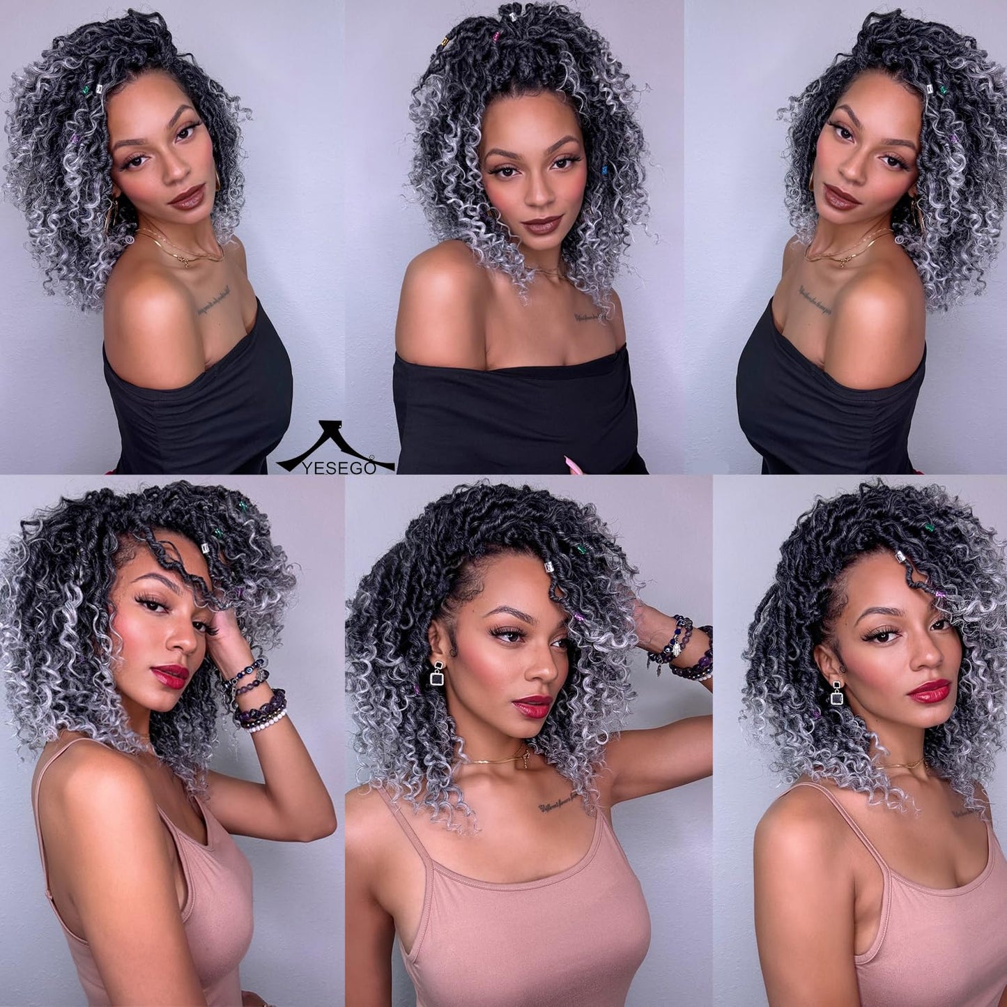 Faux Locs Crochet Hair 10 Inch Goddess Locs Ombre Grey Crochet Hair for Women 6 Packs Gray Soft River Locs Pre Looped Braids with Curly Ends Boho Hippie Synthetic Hair Extensions, 1b/grey