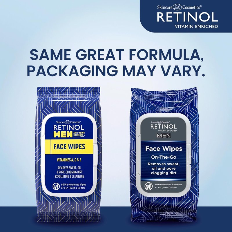 Retinol Men's Face Wipes - Micellar Cleansing Wipes for Sweat, Oil & Dirt Removal | 60 Count, Alcohol-Free, Travel Size