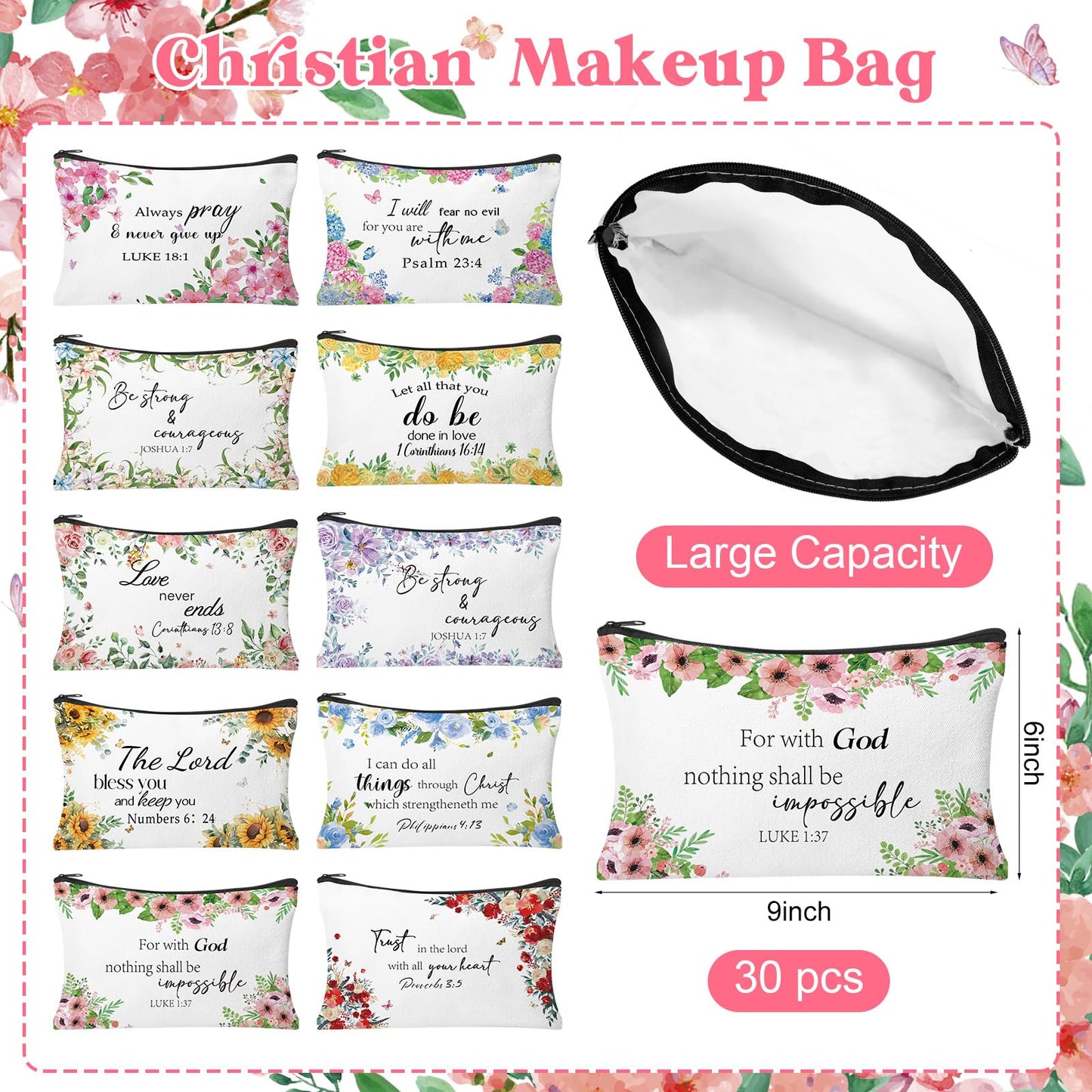 30Pcs Christmas Makeup Bags Canvas Cosmetic Bags with Zipper Portable Santa Gnomes Snowman Xmas Canvas Gift Bag Goodie Bag Travel Toiletry Pouch for Women Holiday Present Xmas Party Gift